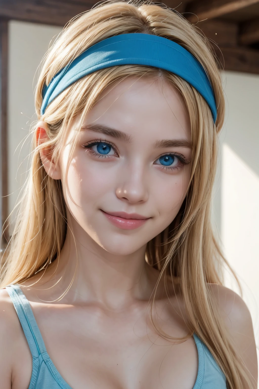 high resolution, chest, smile, blue eyes, golden hair, headband,