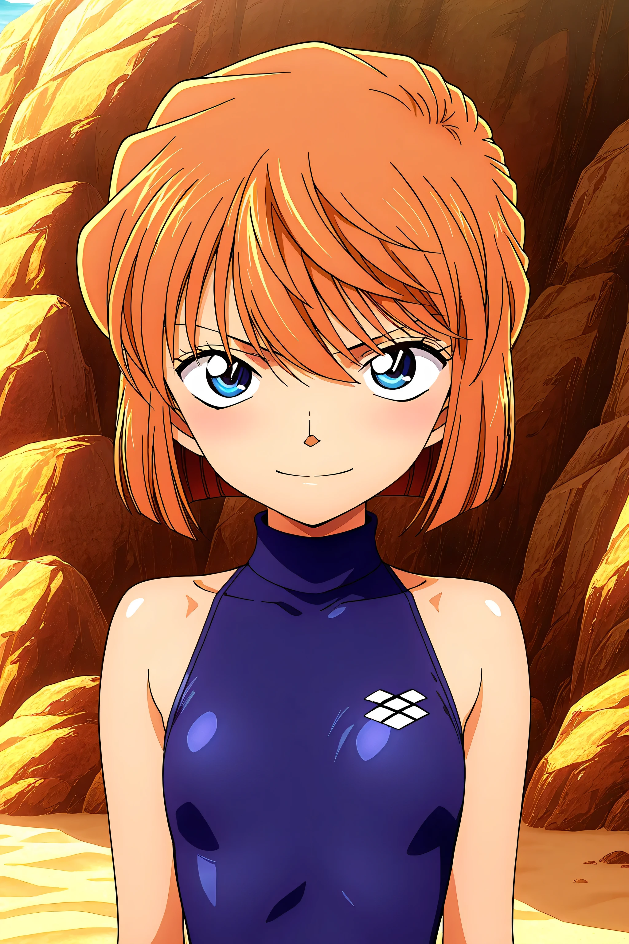 front view,
1girl,upper body,looking at viewer, lady,smile,
Best quality,masterpiece,soft light,official art,high quality,highres,absurdres,epic scene,natural textures,haibara ai,short hair,brown hair,blue eyes,hair between eyes,female , sapphire blue turtleneck one piece swimsuit, in the beach, flat chest, sleeveless 