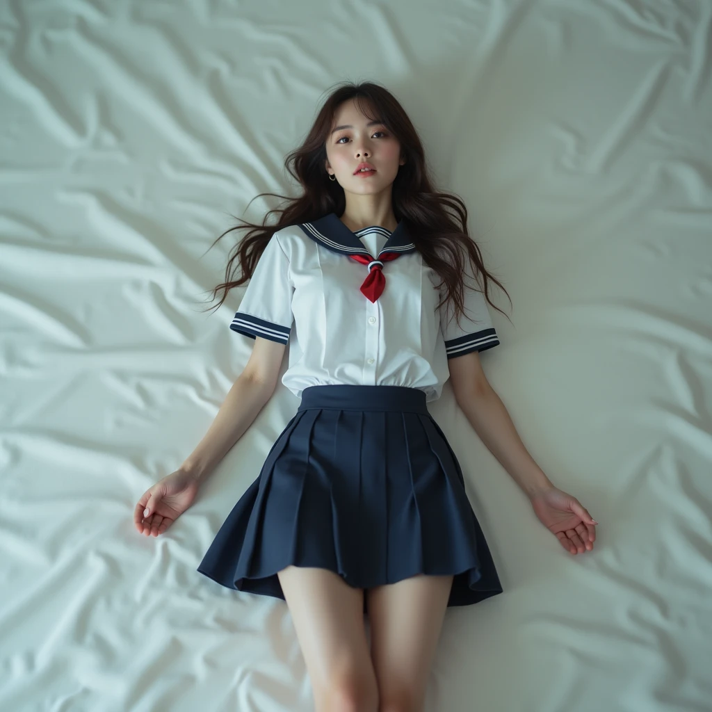 Sleeping Girl, 20 years old, Realistic,Minnie Mouse Cosplay,Open legs, Expressions of satisfaction and relief, Brown hair. Pink bed theme and some cute stuffed animals on the bed,An ultra-high picture quality,high-detail,Navy blue sailor skirt,