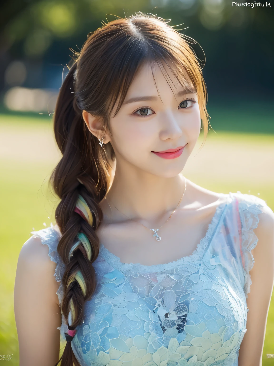 (highest quality、8k、32K、masterpiece)、(RAW photo)、(realistic)、(Photoreal:1.2)、(High resolution)、Super detailed、very beautiful face and eyes、1 girl、round and small face、thin waist、delicate body、(highest quality、high detail、rich skin details)、(highest quality、8k、oil paint:1.2)、Super detailed、(realistic、realistic:1.37)、(((golden hair)))、(((blonde hair)))、(((A loose perm hairstyle)))、(((Upper body)))、(((white background)))、((girly hair))、(((pure white wall background)))、(((pure white wall background)))、(((white clothes)))(((I'm smiling)))、(((wearing a star-shaped necklace)))、(((I put my hand on my head)))、(((Wearing a light blue tank top)))、(((A heart-patterned tank top)))、(((tank top is light blue)))
