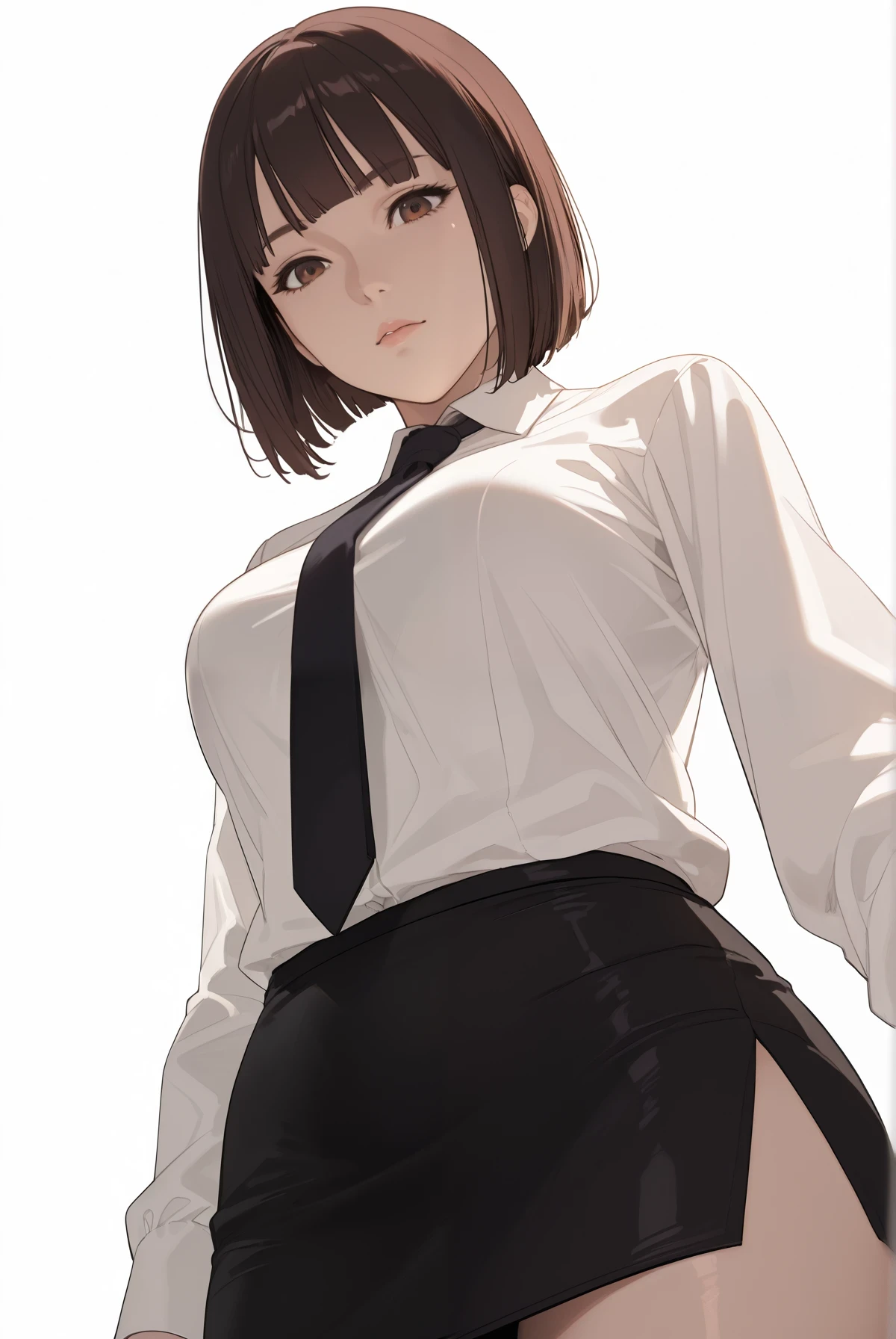 score_9, score_8_up, score_7_up, source_anime,masterpiece, best quality, very aesthetic, absurdres,cinematic lighting,1girl, solo,shiny skin,curvy breasts, white background, white background only,brown eyes, short hair, bob cut, brown hair, black hair, black eyes, blunt bangs,long sleeves, black necktie, white shirt, collared shirt, black skirt, pencil skirt, miniskirt, from below, looking from down below,