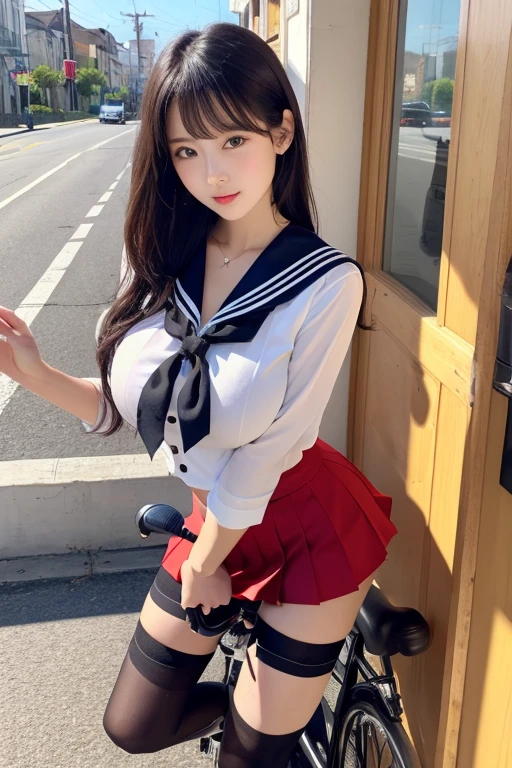 high school girl、Knees raised and legs wide apart、Showing off your crotch、sit in the park、Navy blue uniform、A big red ribbon on the chest、mini skirt、Not wearing underwear、Long black hair、ponytail、Big Breasts、Embarrassed expression、Droopy eyes、White knee-high socks、Plump Cheeks、Pink pointed nipples、Swollen clitoris、Masturbation、highest quality、Squirting、Climax、Ahegao
