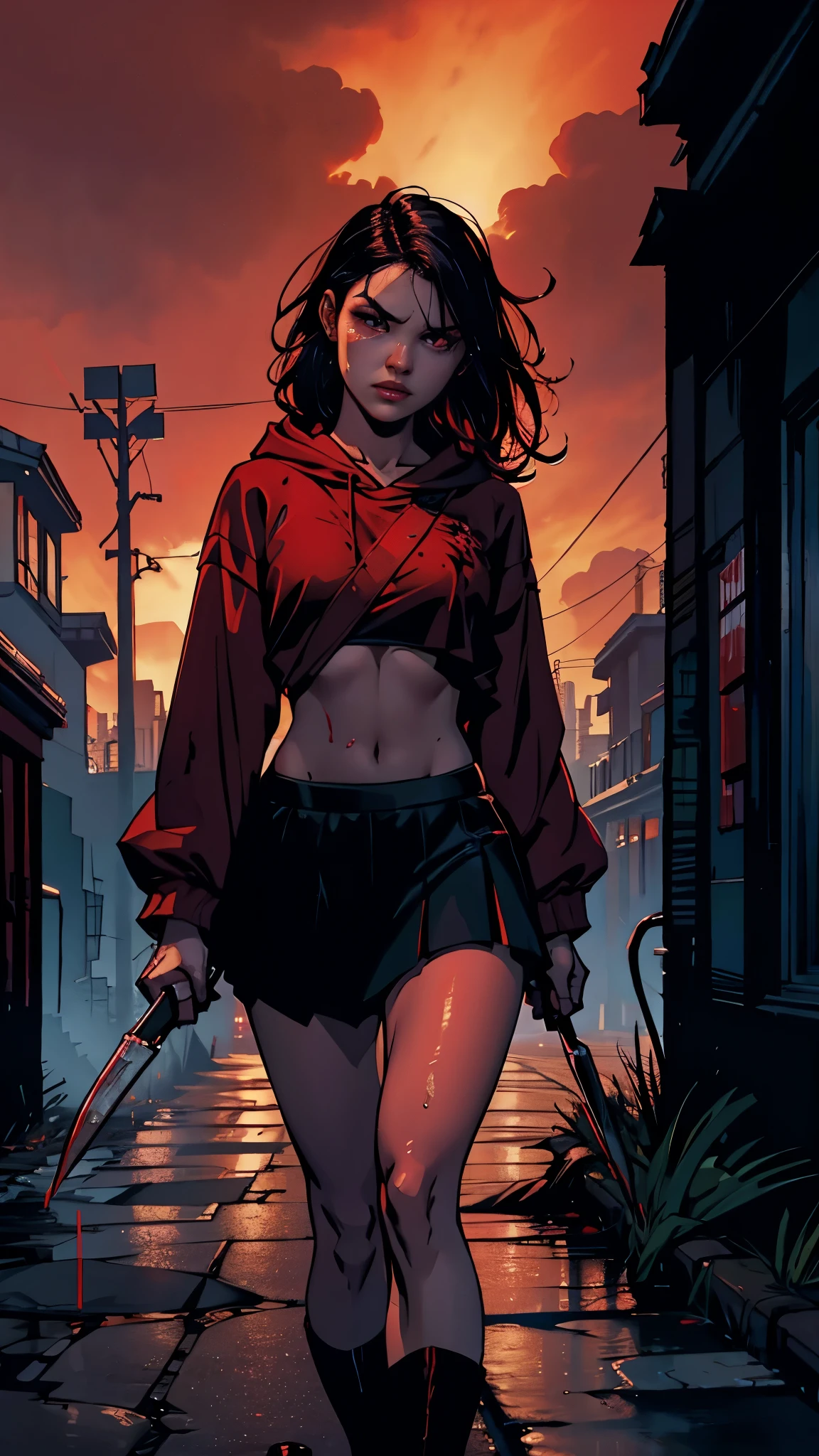 masterpiece, best quality, looking at viewer, facing viewer, bare legs, 1girl, solo, upper body, bow, serafuku, disgusted face, night time, heavy rain, outdoors, city, crop top, navel, wet clothes, drenched, overly long sleeves, hands in sleeves, blood tears, blood marks, dark alleyway, blood splattered on the ground, red bright light, glowing eyes, depth of field,holding a knife,red sky, atmofer,perfect hands