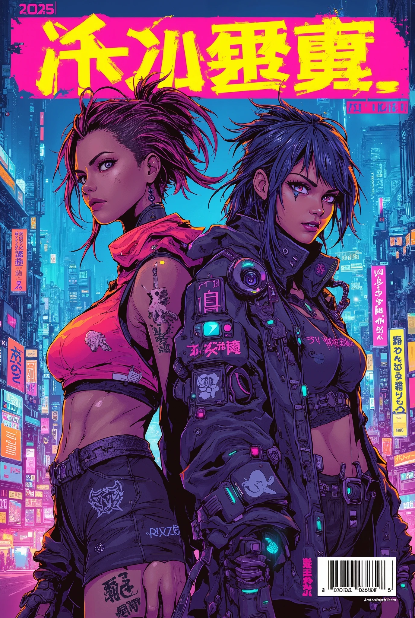 ((manga magazine cover shot) of (2 perfect Asian cyberpunk girls) in cyberpunk city))), ((graphic design ((Japanese text banner headline)))), (((dynamic pose))), ((LED lights)), ((( punk hairstyle))), ((manga drawing)), warm colours, ((cinematic lighting)), barcode, NSFW
