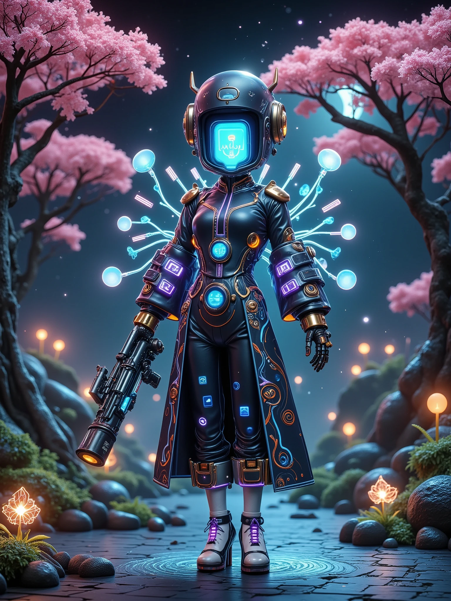 ((Vision)), ((whole body)), 1girl, Wearing a black cheongsam, Robot arms and legs, cyberpunk beauty holding an electric rifle, Standing under the cherry blossom tree with pink flowers, (white socks, mechanical ceramic high heels:1.5), background, Empty Mountain Motorcycle Style Oil Painting, closeup portrait, futuristic style, cyberpunk, high detail (draw,anime illustrations,otherworldly creature 3D whimsical shaman,enchanting, 3dcndylnd,ghibli style,water color masterpiece, surreal magical landscape, magic portal, wonderland)