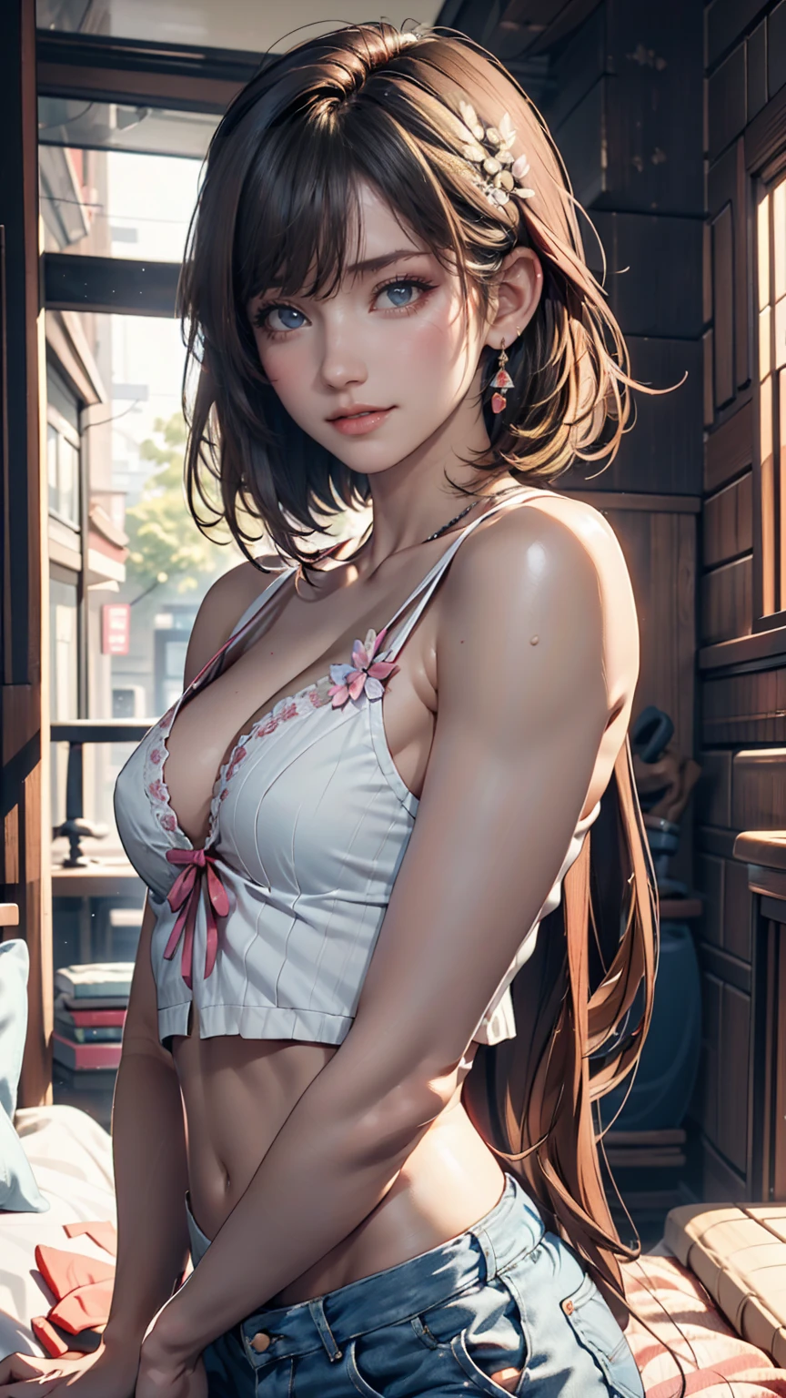 One girl, smile, (((Small breasts))), (((Bokeh))),Depth of written boundary, Cute Face, Looking at the audience, masterpiece, Model shooting style, Cleavage, Full body portrait, Sexy pose, ((8k, RAW Photos, Highest quality, masterpiece), High Definition RAW Color Photo Pro Photo, (Realistic, Photographic realism:1. 37), (Highest quality), (Best Shadow), (Best illustrations), Ultra-high resolution, 非常に精細なCG統合8k壁紙, Physically Based Rendering, Cinema Lighting),