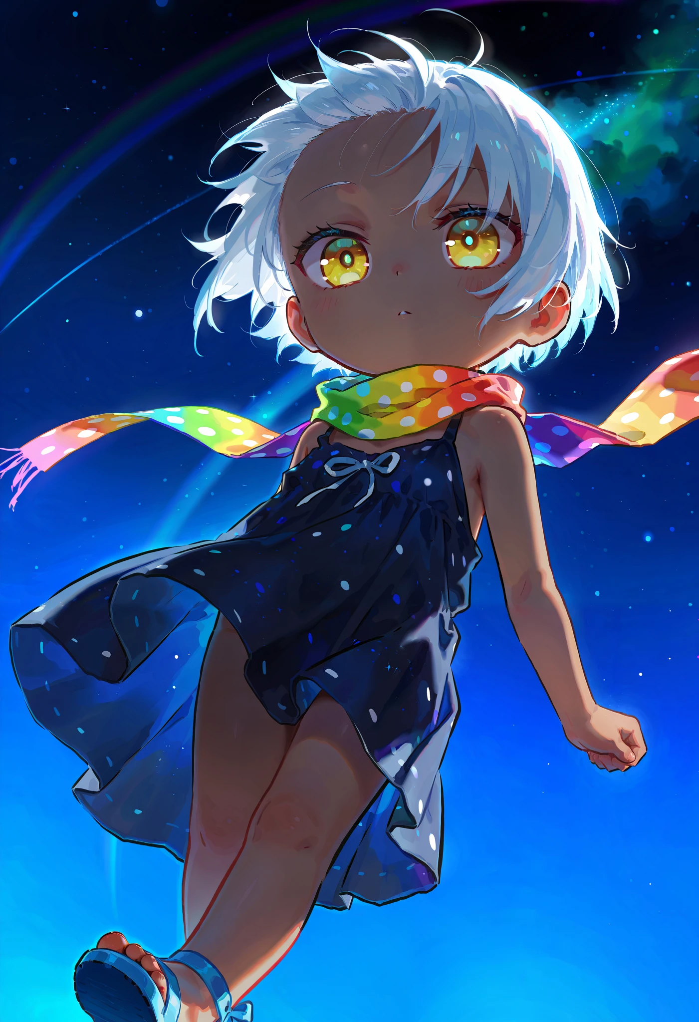 xinzoruo, chibi, Solo, score 9, score 8, score 7, Best quality::2.5, artwork::2.5, close-up,crystal, Masterpiece::2.5, Beautiful features, good anatomy, realistic look, beautiful details, Night sky, stars, flying, rodecchi, , cute, Little, Brown skin, (White hair), Short hair, ((Big bangs)), Bangs forward, beautiful hair, bare shoulder, (Bright yellow eye), ((Rainbow scarf)), Just a scarf tie, (Dark blue dress), (Medium dress), Simple dress, (Colorful polka dots on dress), Fingers, Blue sandal, Bare legs. Night, Wind,