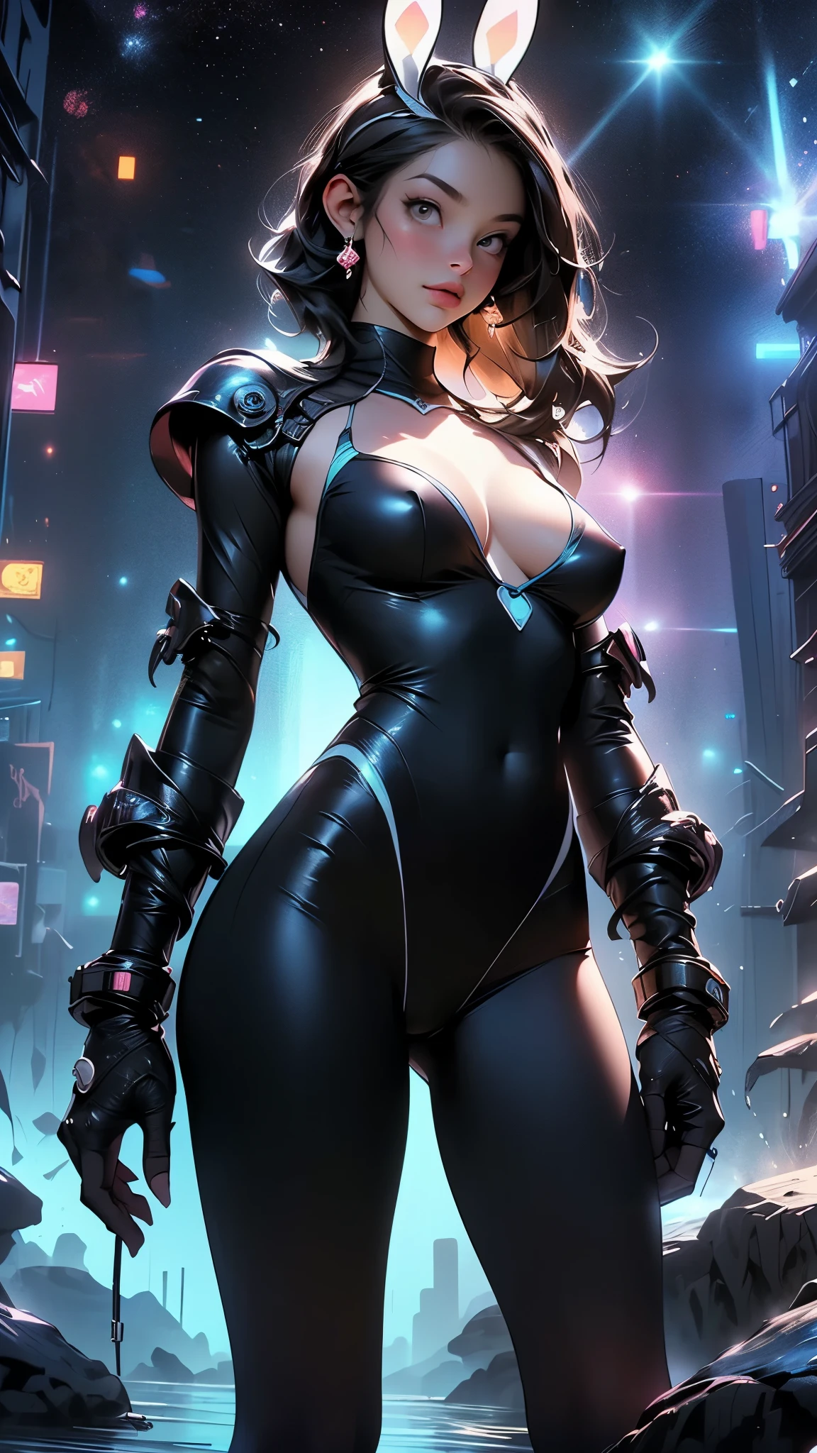8K, highest quality, masterpiece, ultra high resolution, Cyberpunk magazine cover:1.4, 1 Cyberpunk girl wearing a Harajuku-style tech jacket with a company logo on it, sexy bodysuit, insane details, full body shot, beautiful eyes and face details, masterpiece magazine cover, highest quality Cyberpunk magazine cover, master work, excellent details, High quality painted details, I breathe, Absolute beauty, thin neck, long eyelashes, Sweet eyes, Dynamic angle issues Extreme image quality, glossy lips, Supple, fair and transparent skin, Rich details, bright colors, strong contrast, Soft light effect, clear outline, streamlined, cute smile, sparkling eyes, perfect body proportions, thin waist, big breasts, cleavage.