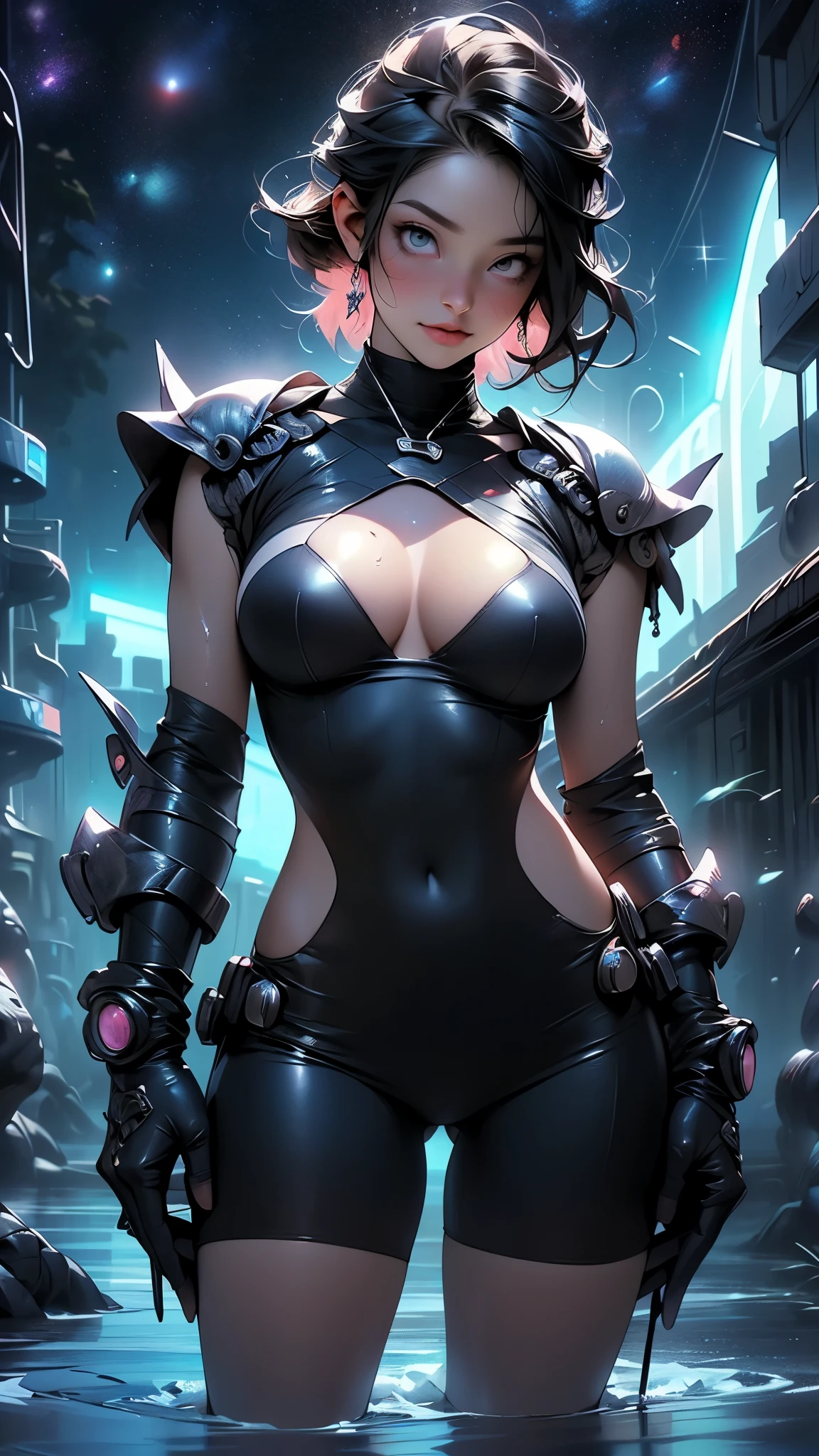 girl spacepunk,(((1girl))),((cute and beautiful afro haired girl)),((((black race)))),
(large breasts:1.4),saggy breasts,((((black afro hair:1.35,((afro hair:1.35)),afrohair,afro:1.35,dark hair,black hair,)))),medium hair,((heterochromia:1.5, (yellow_eye and red_eye))),intricate eyes,beautiful detailed eyes,symmetrical eyes,((fat)),((((tan,dark skin,black skin:1.35,dark-skinned_female,dark skin:1.3,ebony skin,lustrous skin:1.5,bright skin: 1.5,shiny skin,very shiny skin,shiny body,illuminated skin,wet legs)))),(spider lower abdomen,narrow waist,wide hip,athletic body,inflated legs),((detailed face)),
cute,slutty,sensual,seductive look,seductive,erotic,enchanting,((nsfw)),
zettai ryouiki,revealing clothing,show skin,(wearing a mechanical space body armor:1.3,micro armor bikini,bare legs,an armored arm),(((wet clothes,intricate outfit,intricate clothes))),
(dynamic pose:1.0),solo focus,embarrassed,(centered,scale to fit dimensions,Rule of thirds),
cyberpunk city by the ocean at night, with bright neon signs and dark stormy clouds and puddles, scenery:1.25,nighttime, starry night, cosmos,Very dark night that makes the neon lights stand out, very bright neon lights,nighttime, starry night, cosmos,
artistic photography,(photography taken by sldr),highres, sharp focus,(ultra detailed, extremely detailed), (photorealistic artwork:1.37),(extremely detailed CG unity 8k wallpaper),((synthwave background theme)),(((vibrant colors))),intricate,(intricate background),(masterpiece),(best quality),perfect rendered face,perfect face details,realistic face,photo realistic,analog style,((intricate detail)),(((realism))),