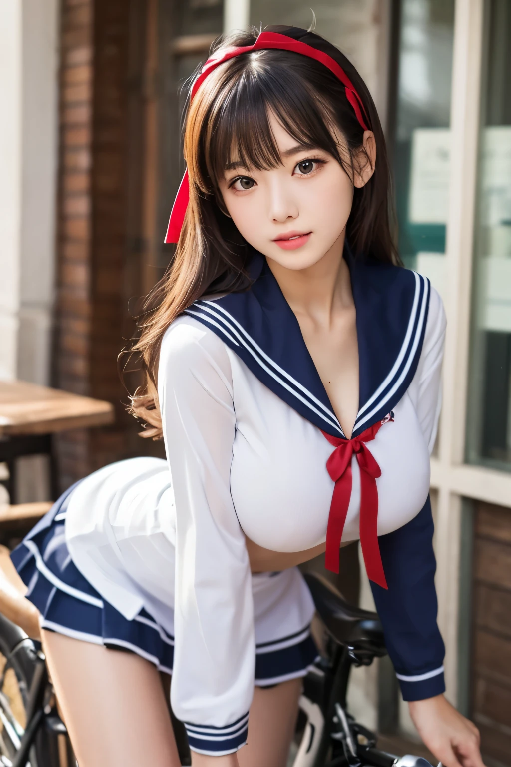 (A youthful gorgeous Japanese idol, wearing Serafuku, Seifuku, school uniform, sailor moon, jk uniform, high-school uniform, pleated mini-skirt, red ribbon, red bowtie, sailor hat, knee-high socks, sitting in cozy bed, legs crossed, nighttime bedroom,
Easygoing expressions, kind smile, dimpled chins, cute snaggle-tooth, short bob hair ponytail, symmetrical face, realistic detailed face, beautiful detailed eyes, perfect body proportions, hourglass figure, ample round bosoms, medium breasts,
Raw photo, photorealistic, realistic portrait, hyper-realism, high contrast, ultra HD, realistic skin textures, top image quality, top-quality, super high resolution, fine details, very meticulously, masterpiece, vivid colours, medium shot, close-up shot, cowboy shot, High Angle Shot, serene ambience, spot light, bokeh background, SFW, Safe For Work)
