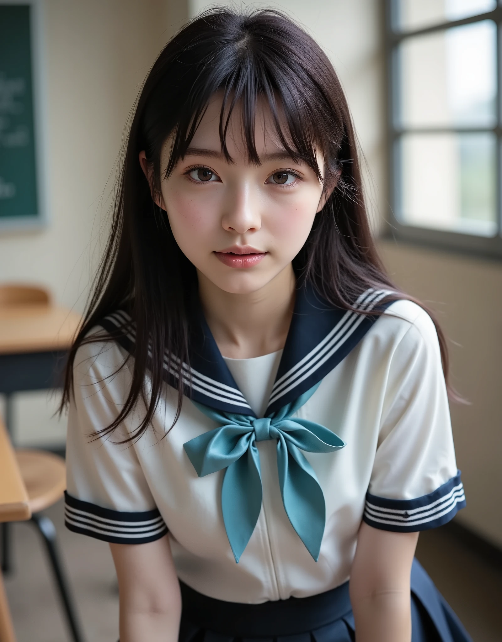 (Canon), (EOS R5), (50mm), ((( photorealistic:1.5))), (No lens flare :1.5), ((超 high resolution)), (masterpiece), accurate,( is presentな質感の肌), more details, high detail, high quality , Award-winning work , 最 high quality, 32K, depth of coverage, digital camera, award-winning glamour photo , professional lighting, (SFW), ((最 high quality:1.5)), ((masterpiece:1.5)), (( is present)), high resolution, is presentな影, Roughness, Real Life,( 1 Japanese woman so beautiful and cute), ( The cuteness of Japan's top idol ), ((Upper body shot seen obliquely from the front :1.5)), (( upper body shot from head to knee :1.5)), (( cute 18-year-old Japanese high school girl )), (((white short sleeve sailor suit:1.8))), (( high school classroom , desk, chair, blackboard, and window visible )), (((襟と胸当てが紺色で3本の白色ラインがある半袖の白色夏服セーラー服と dark blue flare skirt を着て椅子に座っている:1.8))), ((Short-sleeved white sailor suit with dark blue collar and breast :1.8)), (( no front buttons on a sailor suit :1.8)), (( sailor suit's chest is dark blue and has 3 white lines :1.5)), (( dark blue flare skirt :1.5)), ((Light blue scarf for sailor suit :1.8)), ((Navy blue scarf closure :1.5)), (( no accessories:1.5)), (( No Earrings :1.5)), ((Without necklace:1.5)), ((Women's watch on her left arm )), (( a very cute high school girl who feels young )), Attractive cuteness , seductive pose holding hands, Height: 160cm, slim figure, Beautifully shaped bust, D Cup, ((少し歯が見える very cute smile:1.5)), (Alone:1.5), (There is only one person in the classroom), ( brown eyes:1.9), ( Detailed depiction of extremely realistic skin ), (Highly detailed, realistic eyes:1.9), (Very beautiful, long, realistic eyelashes), (Highly detailed, realistic eyebrows), (丸い brown eyes :1.8), ( beautiful catchlight on the eyes), (Realistic lips with moisture ), ( white realistic teeth arranged neatly), ( Beautiful and Detailed Face :1.6), ( hourglass figure :1.6), (Wasp waist :1.5), ( Perfectly round and beautifully shaped bust :1.8), ( clearly contoured cheekbones :1.5), ( perfectly styled body :1.8), (Healthy body :1.8), (Narrow shoulders:1.9), ( staring at viewers), ( seductive gaze ), (Beautiful, natural-looking hands), ( beautiful pink nails with a beautiful length ), ( show your hands as little as possible ), ( very cute smile:1.1), ( her stomach and navel may be slightly visible:1.4), ( dark hair medium hair :1.3), ( beautiful black hair), ( with bangs), Natural atmosphere, Very cute type, beautiful thighs, (( evening classroom )), (( with a pencil case and notebook on her desk :1.4)), (( show your hands as little as possible )), ((I can't show my feet)), blur background, Illuminate the face, dynamic pose , beautiful body line , Beautiful, realistic skin , Art Photography, beautiful soft lighting , accurate手の形, accurate指の形, accurate指の数,5 fingers on one hand ,((No watermark, No signature))