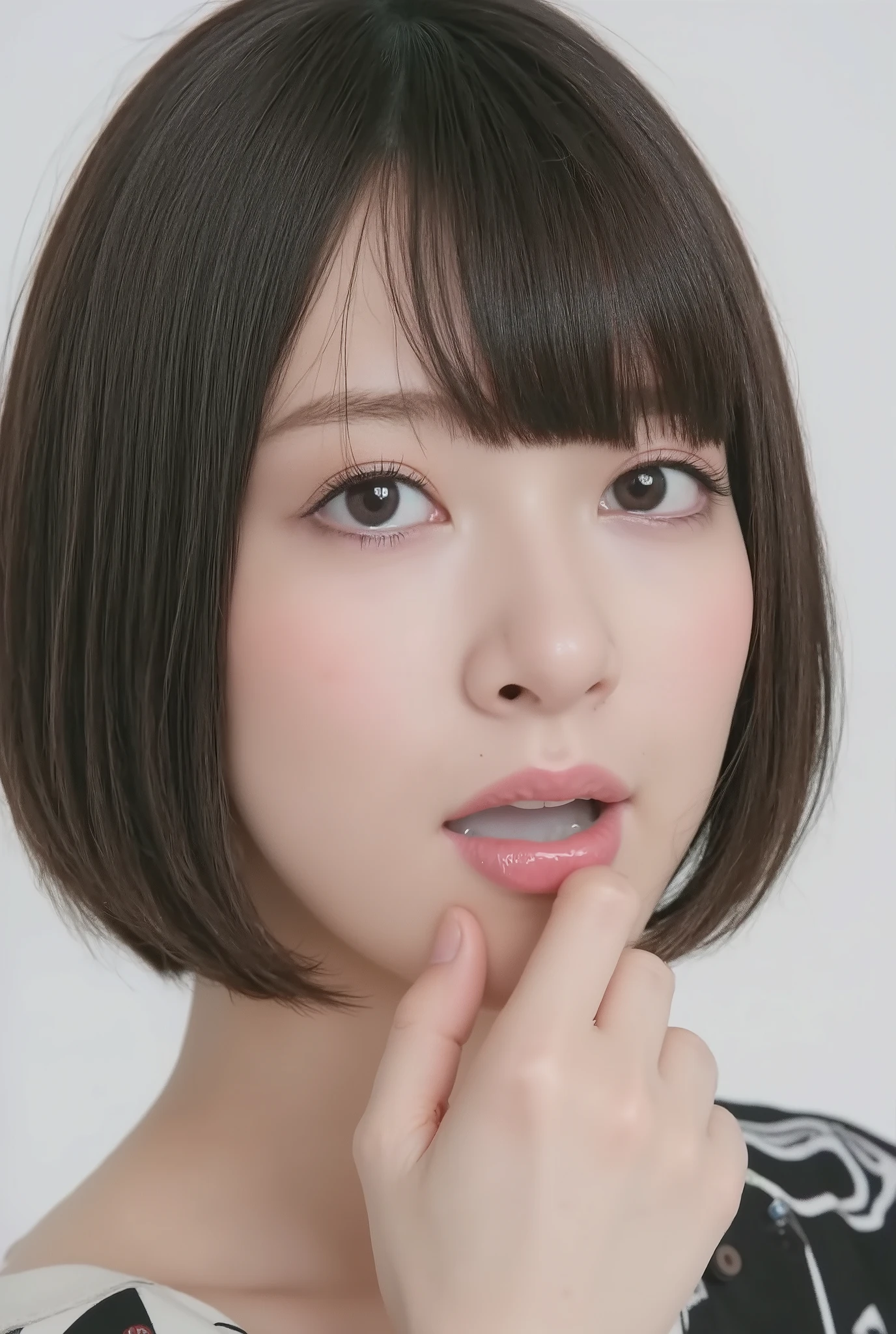 A high resolution photograph of a Japanese adult woman, masterpiece, photo-realistic, sharp focus, portrait, fashion shoot, solo, 1girl, clothed, short black hair, pale skin, detailed face, detailed eyes, sophisticated nose, (open mouth, white cum in mouth:1.2), (fingers brushing her lips), embarrassed, looking at the camera, face focus, close-up of face, front view, view from above, simple background,