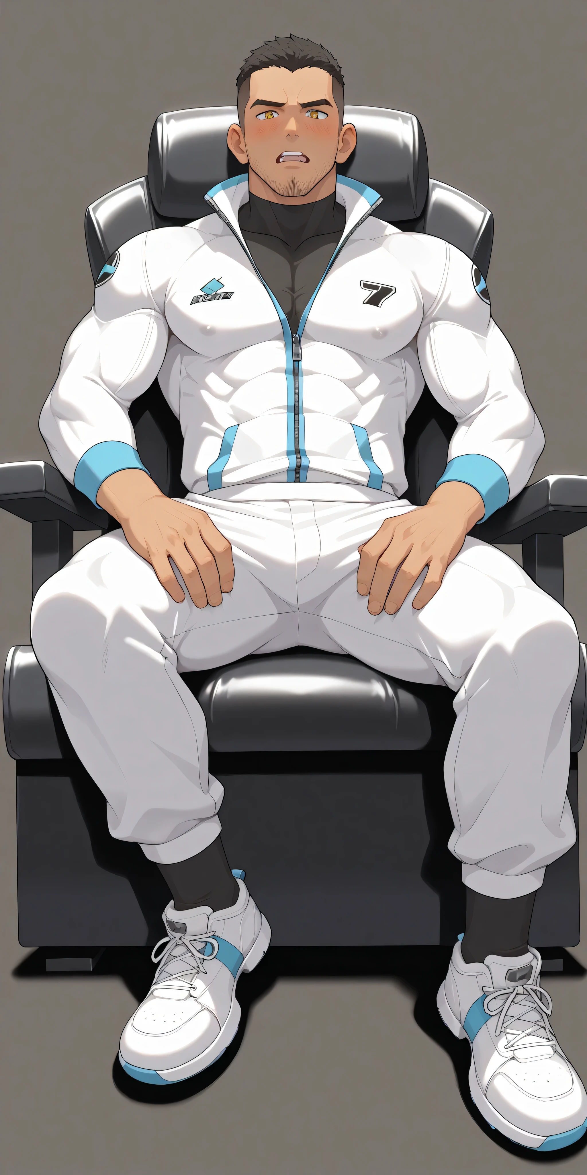anime characters:Gyee, whole body, Buzz Cut, In a clean and tidy bedroom, Sit on an upscale sofa massage chair, It has lots of milky white mucus on it, He grits his teeth, He wears a mocha-colored suit and pants, The inside is paired with a black turtleneck tights, Very tall, Muscle Sports Teacher, Stubble, Manliness, muscular, Milky white sneakers, Very tight, muscular male, muscular, only, alone, Black short hair, Thick eyebrows, stubble, Yellow eyes, Grey background, simple background, amazing quality, best aesthetics, Ridiculous, bright eyes, There is salivation on the corners of the mouth, crew cut, parted lips, Grit your teeth, blush, embarrassed, saliva trail, from below, chiaroscuro, best quality