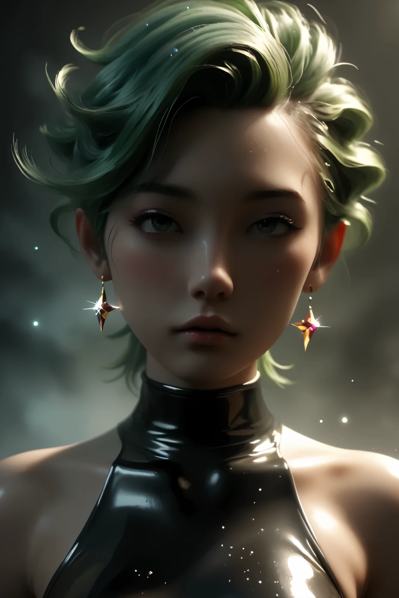 Japanese girl, anime, manga, 3D, sexy, One Full Growth in Latex,  sparkles, Pink Green Hair, posing, on the Background Cyber Punk Sewer, in the Fog and Green Haze, Glitter Dust, dynamic shadows, masterpiece, bright colors, Shimmers, clear details, beautiful appearance, Wide Format Image, score_9, score_8_up,score_7_up, masterpiece, best quality, perfect anatomy, very aesthetic, official art, 8k, 