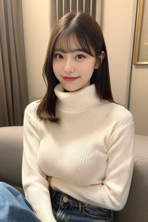 (8K, Raw photo, Best Quality, masutepiece:1.2), (Realistic, Photorealsitic:1.4), (Very detailed 8k wallpaper), Sharp Focus, depth of fields, Cinematic lighting, Soft light, Detailed Beauty Eye,Glossy smooth light brown long bob hair, asymmetrical bangs, Shiny skin, super detailed skin ,High resolution, high detailing, detailed hairstyle, Detailed beauty face, Hyper realistic, Perfect limbs, Perfect Anatomy ,1 japanese girl,famous Japan idol, Perfect female body, Large breasts,Smile,short eyelashes,double-edged eyelid,Long bob hair, White turtleneck sweater, (she is enjoying the christmas party at home:1.3) , Black micro mini skirt ,Looking at Viewer,,Cowboy Shot