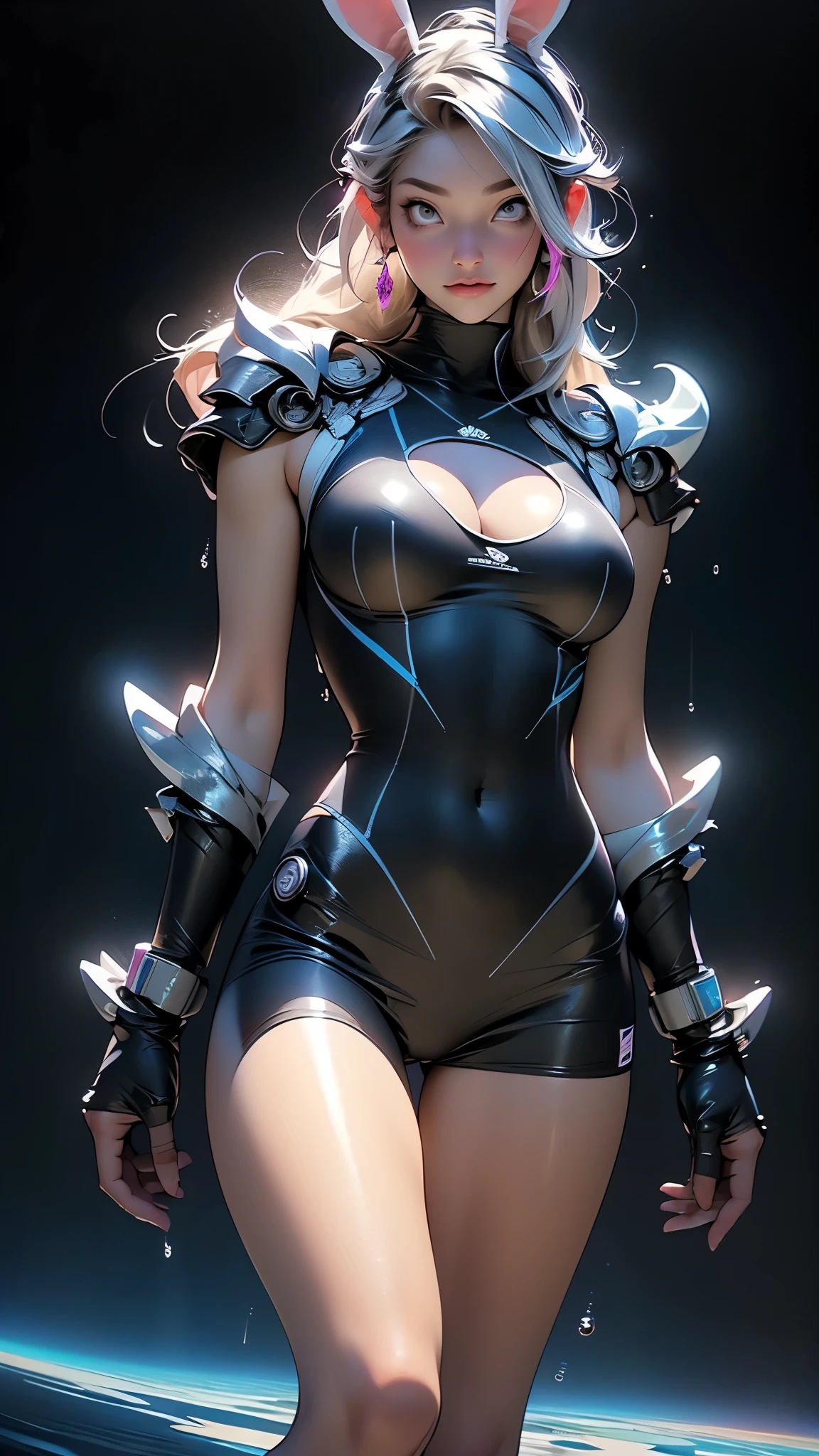 masterpiece, best quality, 1girl, ives , Mecha, beautiful lighting, (Neon light: 1.2), (night: 1.5), "masterpiece, best quality, 1girl, full body portrait, sensual pose, purple eyes, multicolored+silver hair:1.3+red:1.2+purple+yellow:1.3+green:1.3, sculpted legs and tempting curves, full breasts, pretty face, lots of water drops, cloud, Twilight, open shot, Watercolor, Neon light: 1.2, night:1.5, Mecha, beautiful lighting, bright neon light: 1.2, unforgettable mysterious night: 1.5"