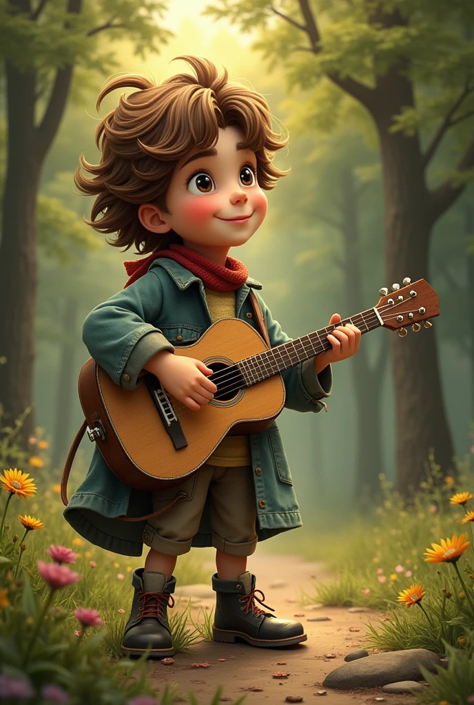 (Masterpiece), (Best Quality), (Super Detail), (Full Body: 1.2), 1 Boy, Chibi, Cute, Smiling, Mouth Closed, Facing Forward, Looking Here, Outdoor, Playing Guitar, Music, Holding Guitar, Blushing Label, Tree, 3, Jacket, Shirt, Short Cut, Brown Hair, Light Brown Eyes, Bright Eyes, (Beautiful Detailed Face), (Beautiful Detailed Eyes), Blur.