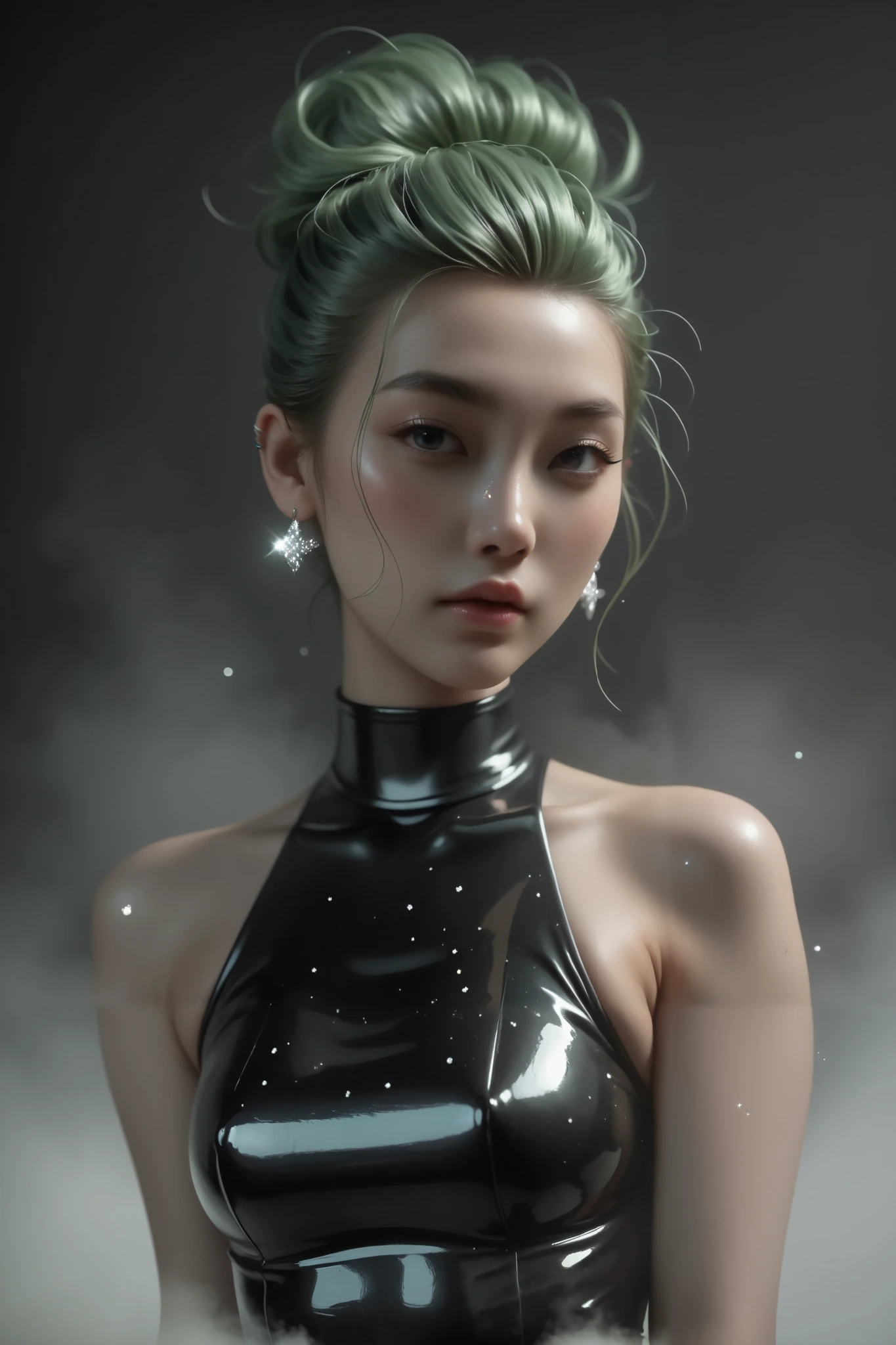 Japanese girl, anime, manga, sexy, Latex, sparkles, spiky green hair, goth, posing, in the Fog and Green Haze, Glitter Dust, dynamic shadows, masterpiece, bright colors, Shimmers, clear details, beautiful appearance, masterpiece, best quality, perfect anatomy, very aesthetic, official art, 8k,