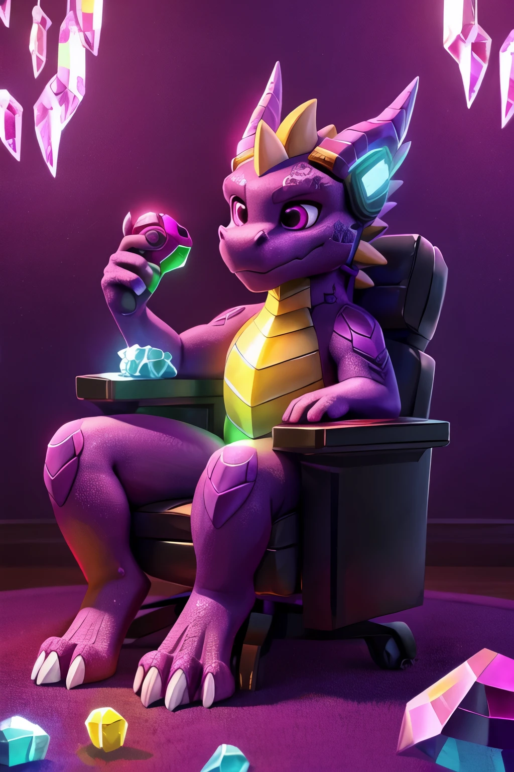 Dragon calf, small, purple scales, magenta accent, detailed magenta eyes, sitting in a gaming chair, wearing glowing rainbow headphones with crystals floating nearby