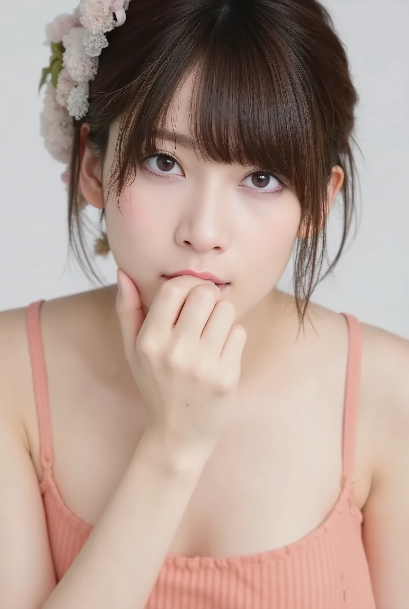 A high resolution photograph of a Japanese adult woman, masterpiece, photo-realistic, sharp focus, portrait, fashion shoot, solo, 1girl, naked, short black hair, pale skin, detailed face, detailed eyes, sophisticated nose, parted lips, (fingers brushing her breasts), embarrassed, looking at the camera, front view, indoors,