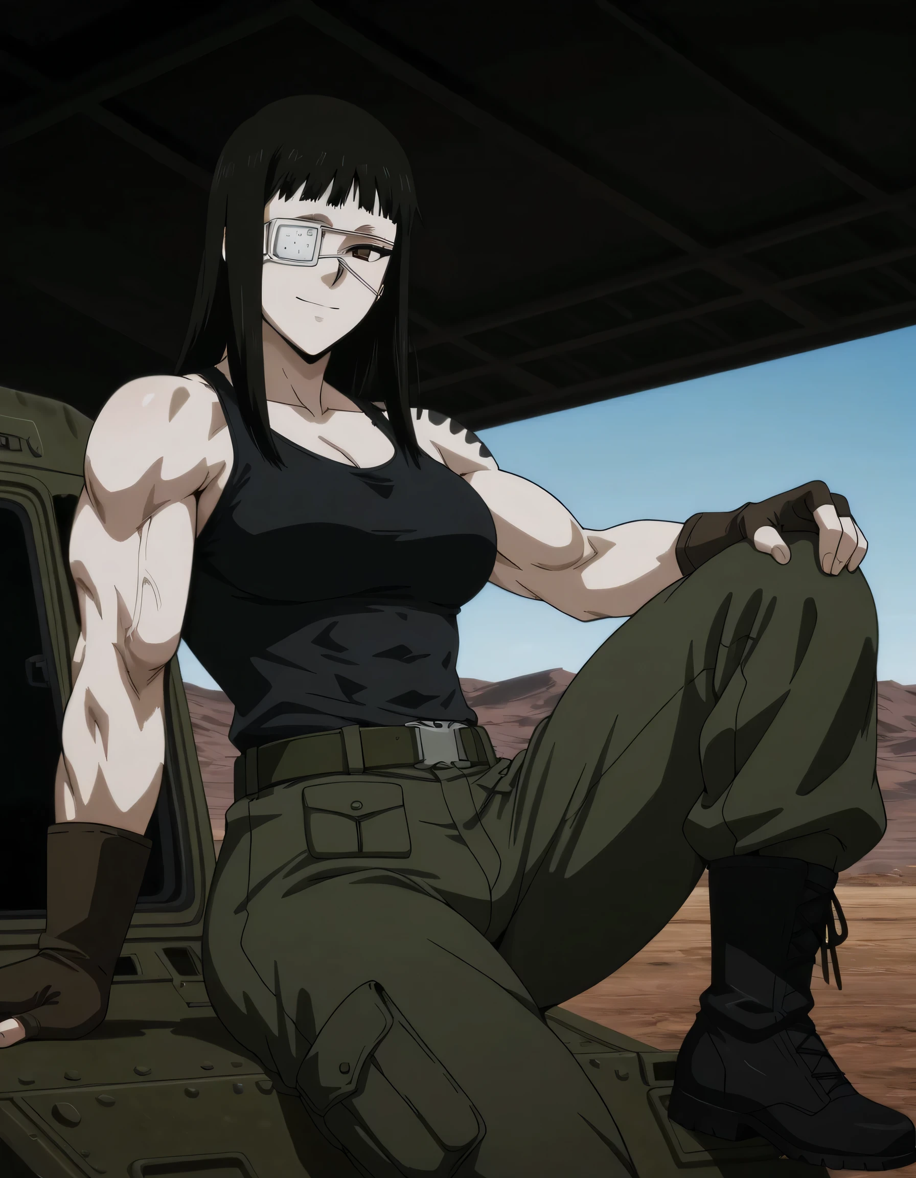 1girl,solo,mm,mature female,black hair,eyepatch,brown eyes,medium breasts,anime coloring,long hair, muscular, black sport tank top and dark green loose military pants with belt,cowboy shot,in military base, tattoo, ,masterpiece,best quality,amazing quality,,muscles and,muscles lines,muscles big size,pelvis muscles,strength muscles looking,dynamic air,Valmet handsome face,Shining shoulders,eight-pack,iron muscles,Bulge between legs indicates non erect penis in pants, sporting attractiveness sexual attractiveness,sitting ,choza sitting ,sexual muscles,light smile,leg laying,hand laying in own leg, , military vehicles around the base,reviewing from side Valmet,wearing military black boots,