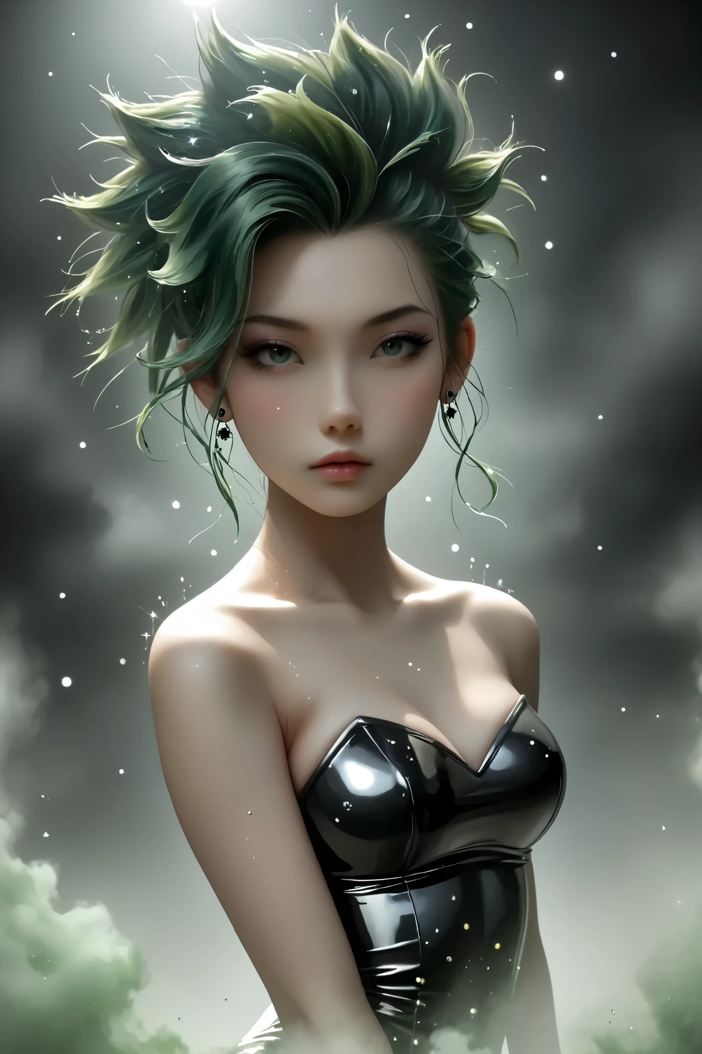 Japanese girl, anime, manga, sexy, Latex,  sparkles, spiky green hair, goth, posing, in the Fog and Green Haze, Glitter Dust, dynamic shadows, masterpiece, bright colors, Shimmers, clear details, beautiful appearance, masterpiece, best quality, perfect anatomy, very aesthetic, official art, 8k, 