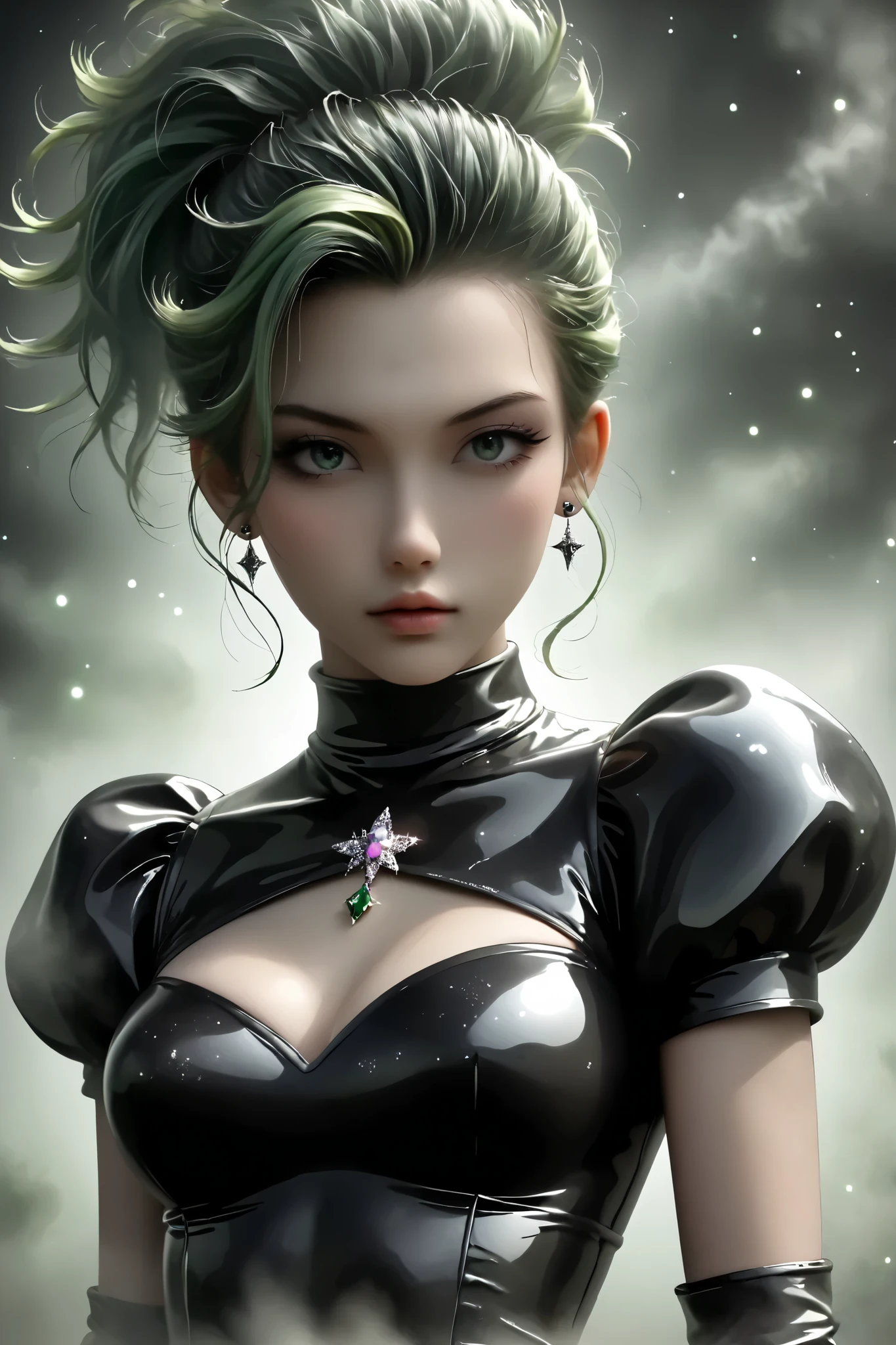Japanese girl, anime, manga, sexy, Latex, sparkles, spiky green hair, goth, posing, in the Fog and Green Haze, Glitter Dust, dynamic shadows, masterpiece, bright colors, Shimmers, clear details, beautiful appearance, masterpiece, best quality, perfect anatomy, very aesthetic, official art, 8k,