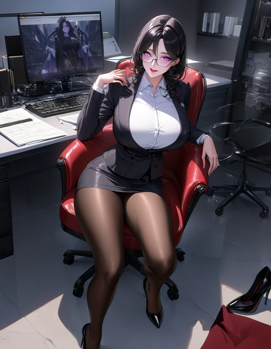 (beautiful hand:1.2), (masterpiece, best quality:1.3), Aiko Katsuragi,45 years old mature female, (full body shot:1.05), milf, (curvy:0.9), 1girl, natural face, sitting on chair, doctor, labcoat, stethoscope, short pencil skirt, (thighhighs:1.05), highheels, makeup, large breasts, lipstick, violet eyes, folded ponytail, dark indigo hair, cleavage, perfect body, (athletic body:1.1), perfect eyes, natural eyes, smoky eyeliner, eyeshadow, perfect face, seducing face, glance, blush, high sharpness, sharp focus, medical room, professional artwork, intricate details, vivid colors, Diffused lighting, digital blending, ultra detailed body, ultra detail hair, ultra detail face, trending on pixiv,