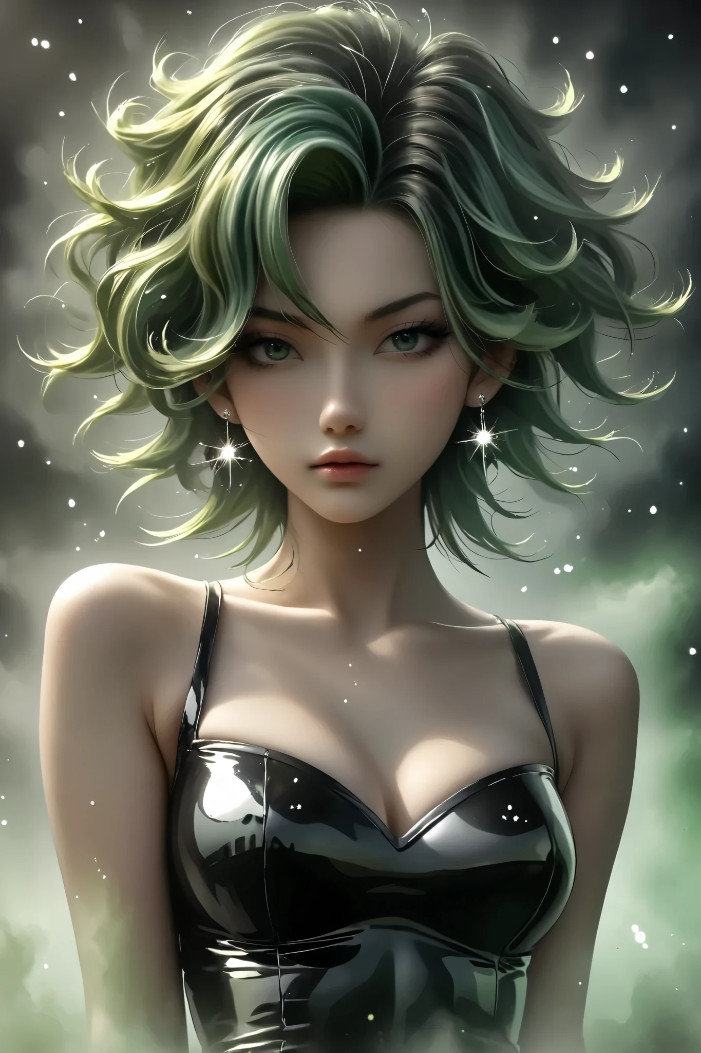 Japanese girl, anime, manga, sexy, Latex, sparkles, spiky green hair, goth, posing, in the Fog and Green Haze, Glitter Dust, dynamic shadows, masterpiece, bright colors, Shimmers, clear details, beautiful appearance, masterpiece, best quality, perfect anatomy, very aesthetic, official art, 8k,