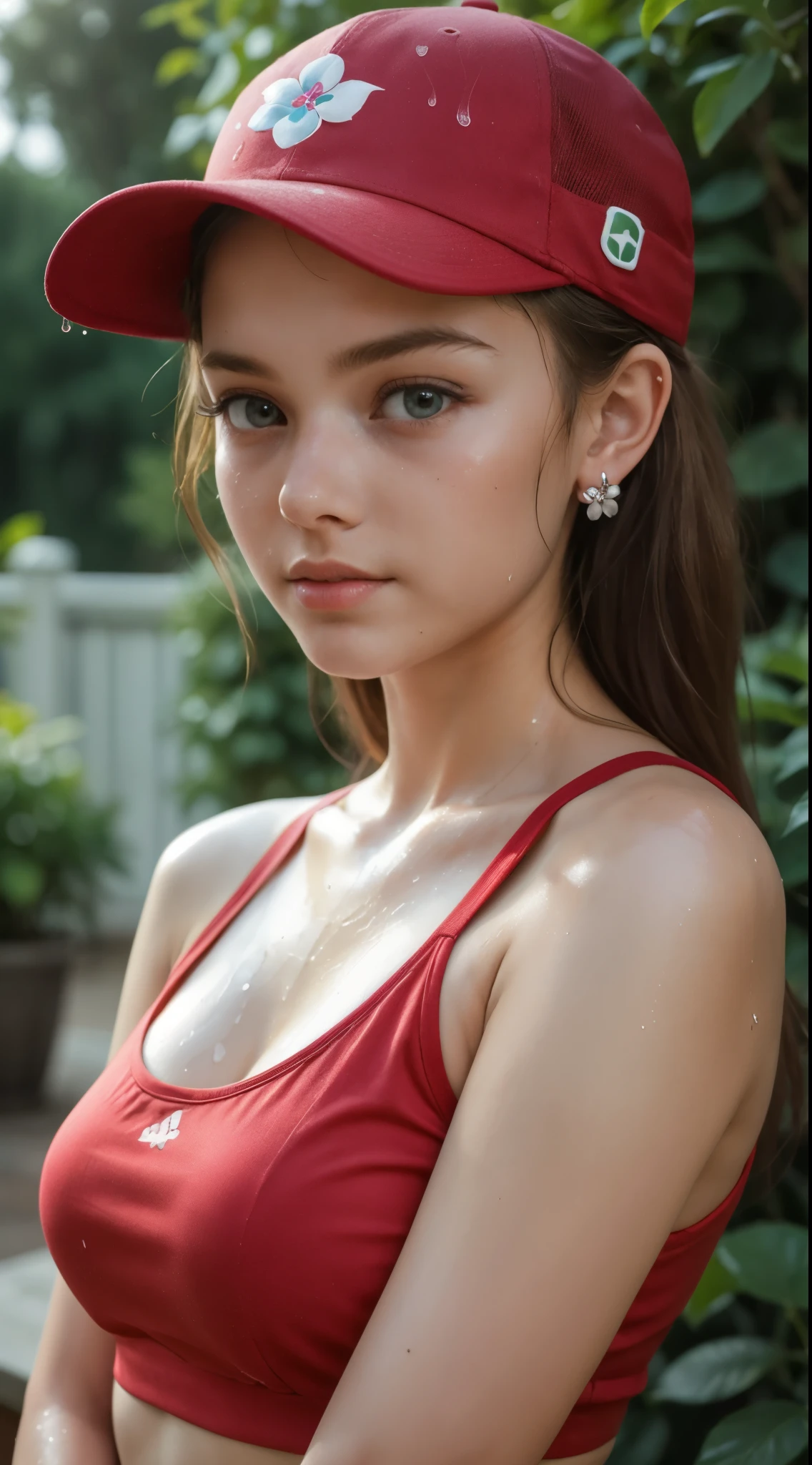 girl pov, BREAK, girl, pov, delicate slim, standing, body tilt, sporty, red loose crop top, (yo, cute:1.6), full medium breasts, navel, red baseball cap, long hair, looking at viewer, ear piercing, flower pin, wet skin, sweating, natural light, public garden, (realistic:1.4),