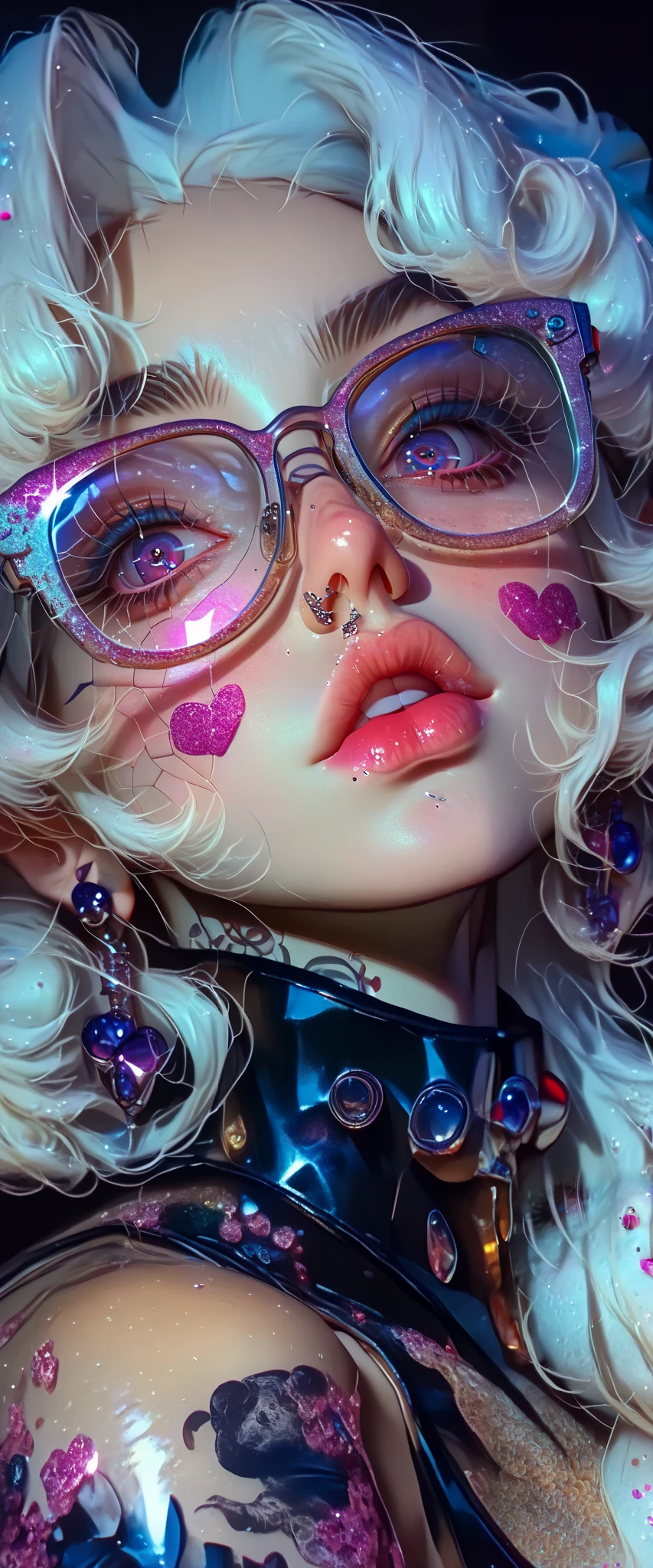 ((centered image, a close up of a beautiful woman with exaggerated Kawaii-style caricature-like features :1.52, full and thick lips with kissable glitter , big eyes with glitter and reflections , false eyelashes and long :1.5 , Beautiful face of a cyberpunk girl , great digital art with details, Wear glasses you can see the reflection in the glasses of the glasses :1.5)), digital art. body masterpiece , Detailed woman, full lips in the style of Angelina Jolie , long false eyelashes , eye makeup blushed lips and cheeks , wears earrings all over her ear like piercings and has a hoop embedded in the ovule of her ear Stated, a piercing on her lips and nose , , Brandon Woelfel, tattooed face, tattoos and piercings, realistic digital art 4k, realistic digital art 4 k, tattoo style, cyberpunk art style, Girl with glasses , Chiaroscuro, Cinematic Lighting , optical illusion , high definition , U high definition , Retina, body body masterpiece, Precise, Anatomically Correct , textured skin, super detail , tall details, high quality, awarded , falda de high quality, highres, 1080P, high definition , 16K