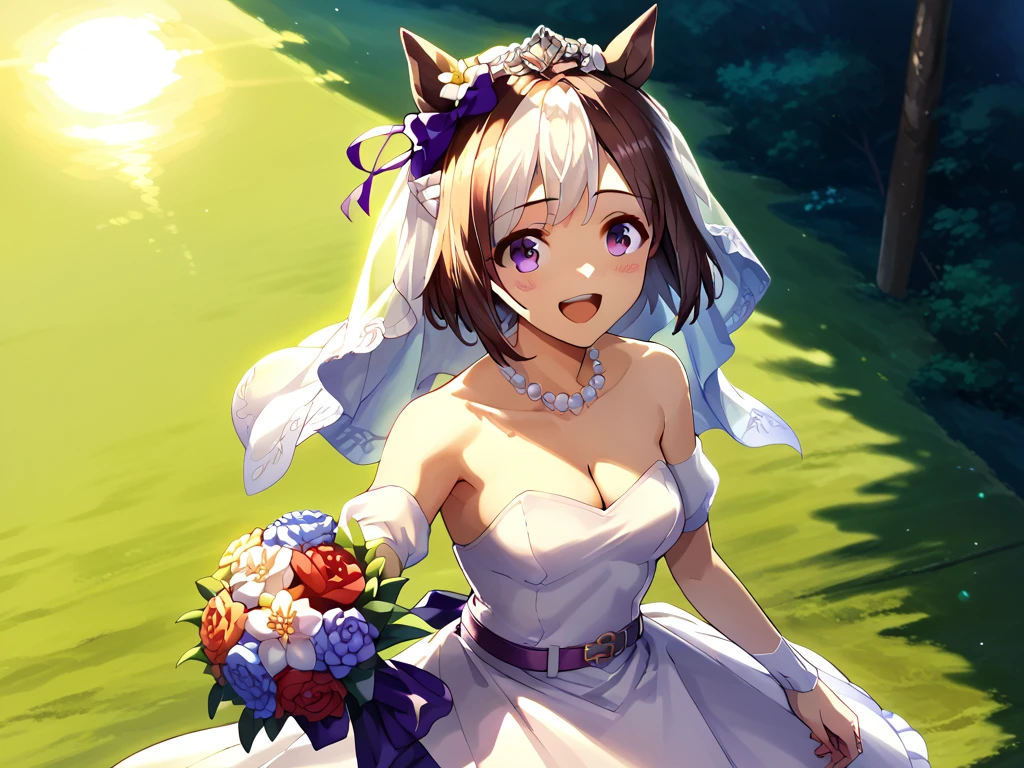masterpiece, best quality, highres, aaichika, tiara, bridal veil, necklace, cleavage, wedding dress, strapless dress, white dress, white gloves, elbow gloves, garden on background, smile, open mouth, tears, upper body, confetti, holding bouquet, bouquet, Delta, long black hair, fox ears, black eyes, fox tails