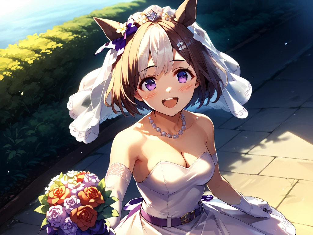 leaning forward,
<lora:ToyoNoMiko_v2-10:0.7>, ToyoNoMiko, earmuffs, wedding dress, smile, blush, flowers, small breasts