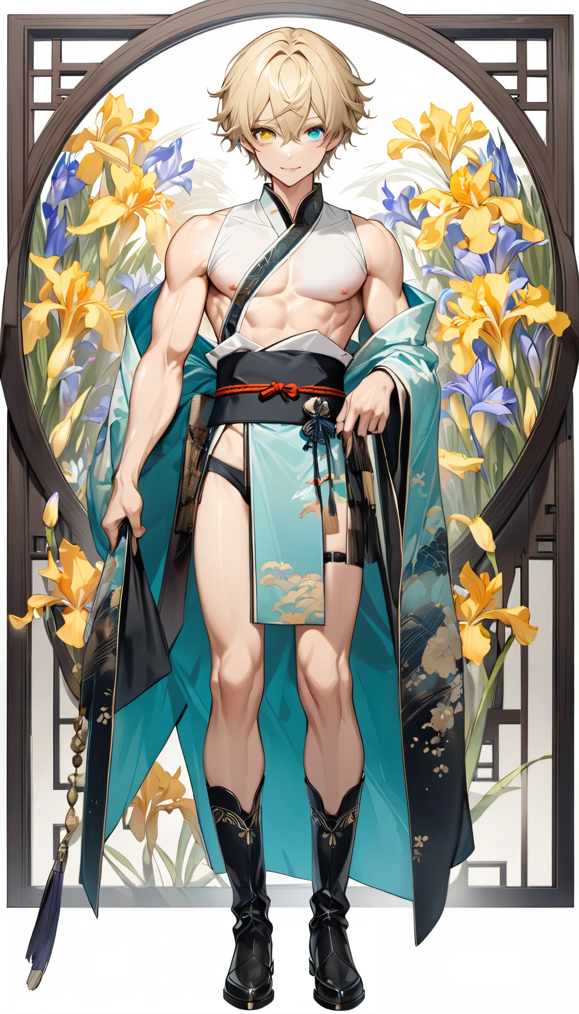 fresh illustration ,
Superfine painting,
very delicate illustration ,
Very fine details ,
1boy ,
(( standing))
Alone,
Height: 158cm,
Beige Skin,
Cheeks are ruddy,
((The iris on the left is medium aquamarine and the iris on the right is yellow ))
((Complete iris heterochromia )),
beautiful eyes,
large black pupils ,
Short short hair,
Blonde,
the tips of the hair are whitish ,
The hair has gradation ,
shiny hair with makeup,
young but beautiful and bewitching face ,
The lips are extremely small,
is smiling,
a small halo that shines brightly on the head ,
the tips of the eyebrows are slightly lowered ,
the upper body is worn in kimono ,
thin pectoral muscle,
six pack,
Slightly e,
Slim waist,
thin legs ,
The lower body is long, transparent clothing in the style of a Chinese dress with slits on both hips,
The color of the obi is red ,,
the obi is tastefully embroidered with silver thread ,
fine fabric clothing ,
Jockstrap underwear claims to be male,
the thigh strap cuts into the skin ,
Are the tips of long boots Japanese style,
Isometric,
golden ratio,
god々 atmosphere,
wearing a padded collar innerwear ,
white background,
tactical use of shadows ,
the ring of the head and hair fit inside the frame ,
Clothes fit inside the frame ,
(( full shot))
facing the front,