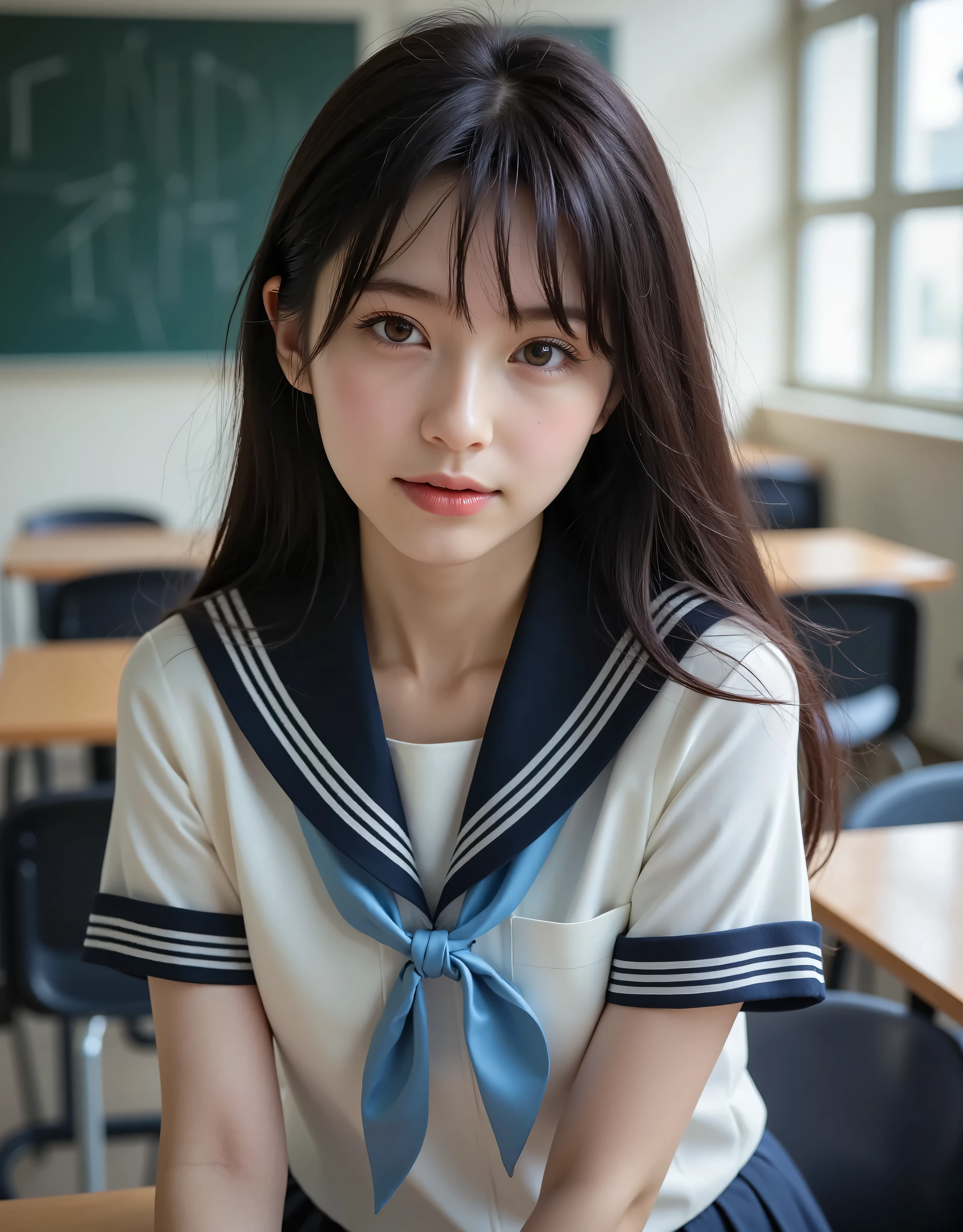 (Canon), (EOS R5), (50mm), ((( photorealistic:1.5))), (No lens flare :1.5), ((超 high resolution)), (masterpiece),  accurate,(  is present な質感の肌),  more details,  high detail,  high quality ,  Award-winning work , 最 high quality, 32K,  depth of coverage,  digital camera,  award-winning glamour photo  ,  professional lighting, (SFW), ((最 high quality:1.5)), ((masterpiece:1.5)), ((  is present )),  high resolution,  is present な影, Roughness, Real Life,( 1 Japanese woman so beautiful and cute), ( The cuteness of Japan's top idol ), ((Upper body shot seen obliquely from the front :1.5)), (( upper body shot from head to knee  :1.5)), (( cute 18-year-old Japanese high school girl )), (((white short sleeve sailor suit:1.8))), (( high school classroom ,  desk, chair, blackboard, and window visible )),  (((I'm sitting on a chair wearing a short-sleeved white summer suit with dark blue collar and chest and 3 white lines, and a dark blue flare skirt:1.8))), ((Short-sleeved white sailor suit with dark blue collar and breast :1.8)), (( no front buttons on a sailor suit :1.8)), (( sailor suit's chest is dark blue and has 3 white lines :1.5)), (( dark blue flare skirt :1.5)), ((Light blue scarf for sailor suit :1.8)), ((Navy blue scarf closure :1.5)), (( no accessories:1.5)), (( No Earrings :1.5)), ((Without necklace:1.5)), ((Women's watch on her left arm )), (( a very cute high school girl who feels young )), Attractive cuteness ,  seductive pose holding hands, Height: 160cm,  slim figure, Beautifully shaped bust, D Cup, (( Very Cute Smile :1.5)), (alone:1.5), (There is only one person in the classroom), ( brown eyes:1.9), ( Detailed depiction of extremely realistic skin ), (Highly detailed, realistic eyes:1.9), (Very beautiful, Long, realistic eyelashes), (Highly detailed, realistic eyebrows), (丸い brown eyes :1.8), ( beautiful catchlight on the eyes), (Realistic lips with moisture ), ( white realistic teeth arranged neatly), ( Beautiful and Detailed Face :1.6), ( hourglass figure :1.6), (Wasp waist :1.5), ( Perfectly round and beautifully shaped bust :1.8), ( clearly contoured cheekbones  :1.5), ( perfectly styled body  :1.8), (Healthy body :1.8), (Narrow shoulders:1.9), ( staring at viewers), ( seductive gaze ), (Beautiful, natural-looking hands), ( beautiful pink nails with a beautiful length ), ( show your hands as little as possible ), ( very cute smile:1.1), ( her stomach and navel may be slightly visible:1.4), ( dark hair medium hair :1.3), ( beautiful black hair), ( with bangs), Natural atmosphere, Very cute type,  beautiful thighs, (( evening classroom )), (( with a pencil case and notebook on her desk :1.4)), (( show your hands as little as possible )), ((I can&#39;t show my feet)),  blur background, Illuminate the face,  dynamic pose , beautiful body line , Beautiful, realistic skin , Art Photography,  beautiful soft lighting ,  Accurate , Accurate ,  Accurate,5 fingers on one hand ,((No watermark, No signature))