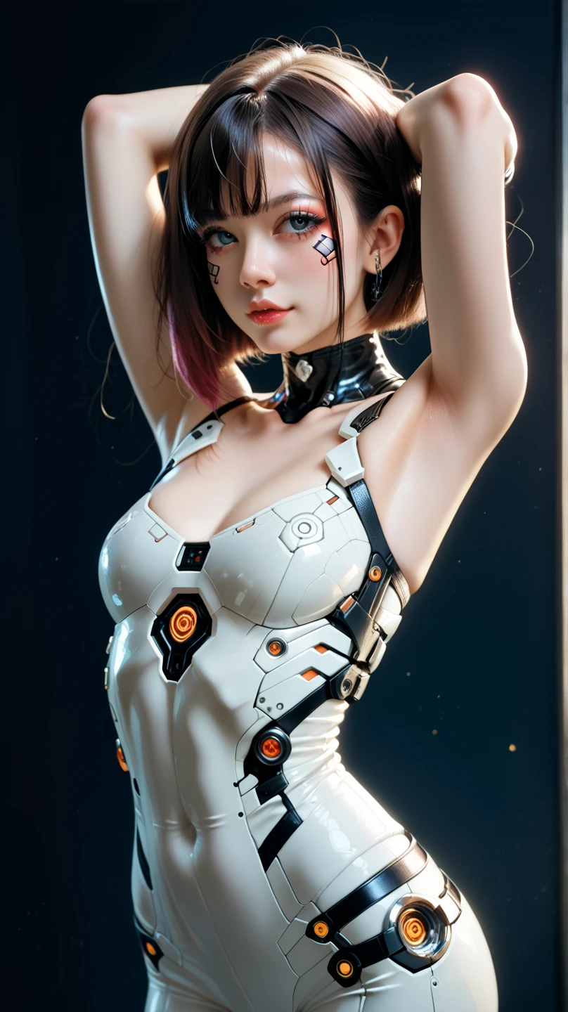(Beautiful young woman with twin tails:1.5), Modern Fashion, Animation Style, Cute orange priest anime costume, Detailed face, Cute eyes, Cute expression, Soft lighting, Detailed Expression, Vibrant colors, Fancy, Whimsical, Very detailed, 8K, Realistic,Browsing Caution,((Highest quality、8K、masterpiece:1.3)),Japan Maiden,18-year-old、((6.5 lifespan))、Best image quality,Ultra Clear,The facial features are delicate and clear,Exquisite detail,(Camel Toe)、Machine Pattern,Cyberpunk meets goth、Cyber City、(Revealing clothing:1.5)、Slim body、Small breasts、Small Ass、Upright pose、Black Hair、Bob Style、Cropped 、masterpiece、((White leotard))、 ((Plug Suit)), ((Beautiful girl:1.2))、standing、((Cyberpunk Background))、(Neon Light)、Cyberdyne、Beautiful studio soft light、Rim Light、Vivid details、Gorgeous cyberpunk、Ren Hao、Surreal、Anatomical、Facial muscles、elegant、Beautiful background、Octane Rendering