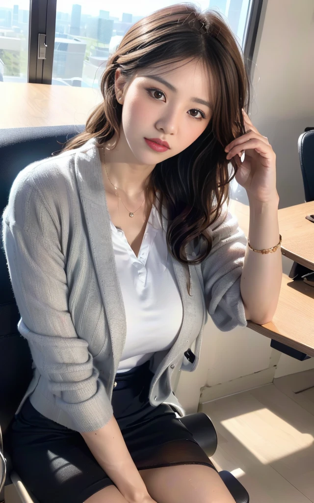 Female boss sitting on Japan sofa, high quality, super realistic, office lady, makeup, smile, beautiful eyes, beautiful and accurate face, beautiful minion, background is office
