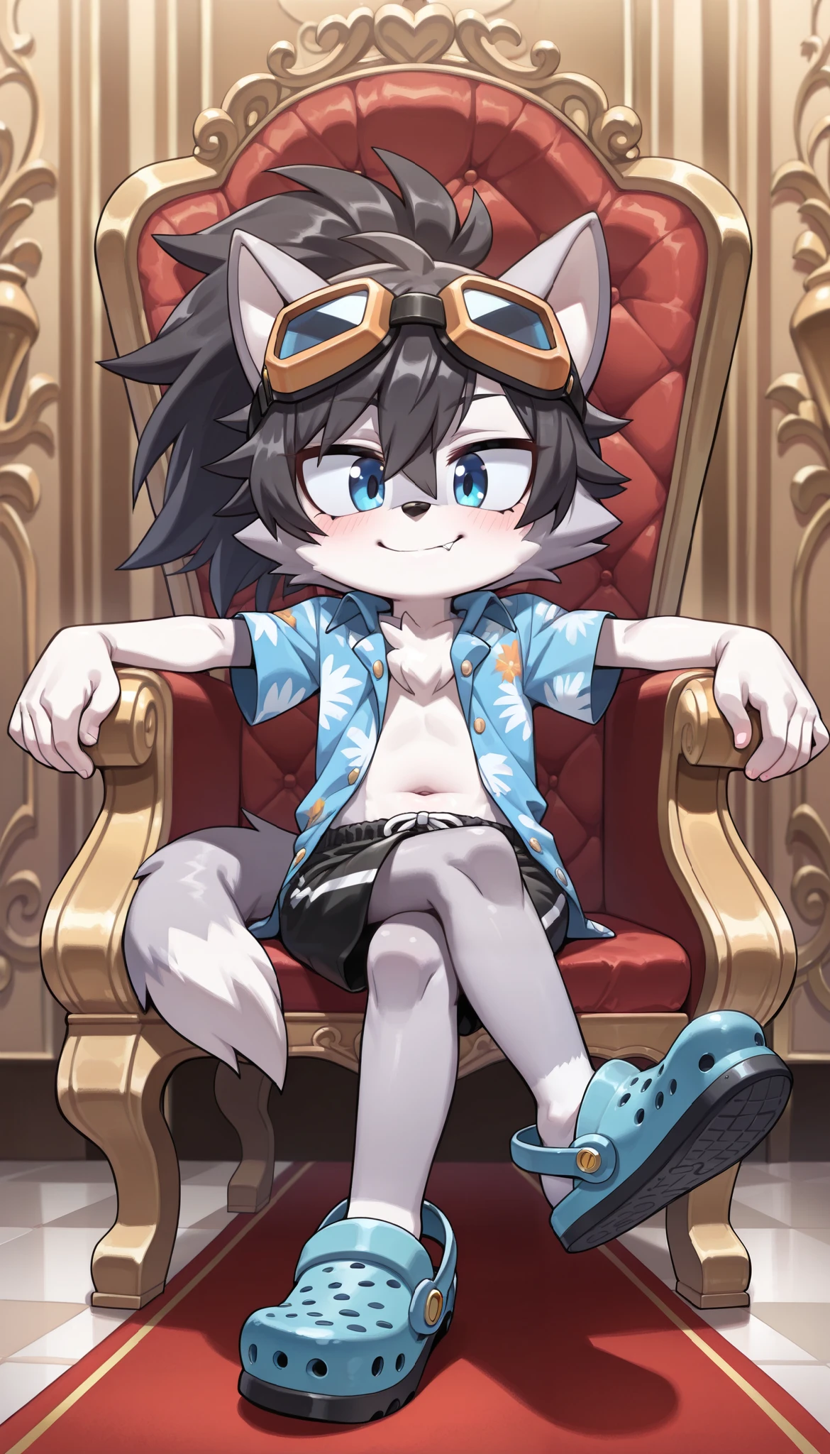 score_9,score_8_up,score_7_up, source_cartoon, source_furry, furry shota, wolf, black hair, messy hairstyle, long messy ponytail, blue eyes, detailed body fur, two tone body fur, grey body fur, clear grey body fur, ((goggles, blue hawaiian shirt, open clothes, black swim trunks)), detailed body fur, detailed face, detailed eyes, glistering body, shiny body, gorgeous body, navel, full body, feets with three toes, 3 toes, sit on ice throne, sexy sitting, ice palace, ice ground,