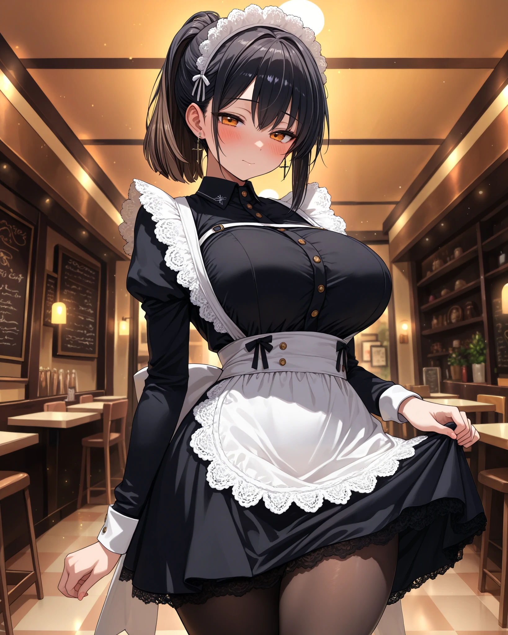 ツンデレ, very cute face, cute girl, solo, short hair, ponytail hair, ((Black hair with brown ends)), orange eyes, half closed eyes, large breasts, lace maid costume, pantyhose, long sleeves, headdresses, cross Pierced earrings, blush, curvy beauty, flawless smooth skin, looking at viewer, indoors, maid cafe, particles, fractal, (best quality,4k,8k,highres,masterpiece:1.2),ultra-detailed,intricate details, high fashion, dramatic lighting, warm colors, chiaroscuro