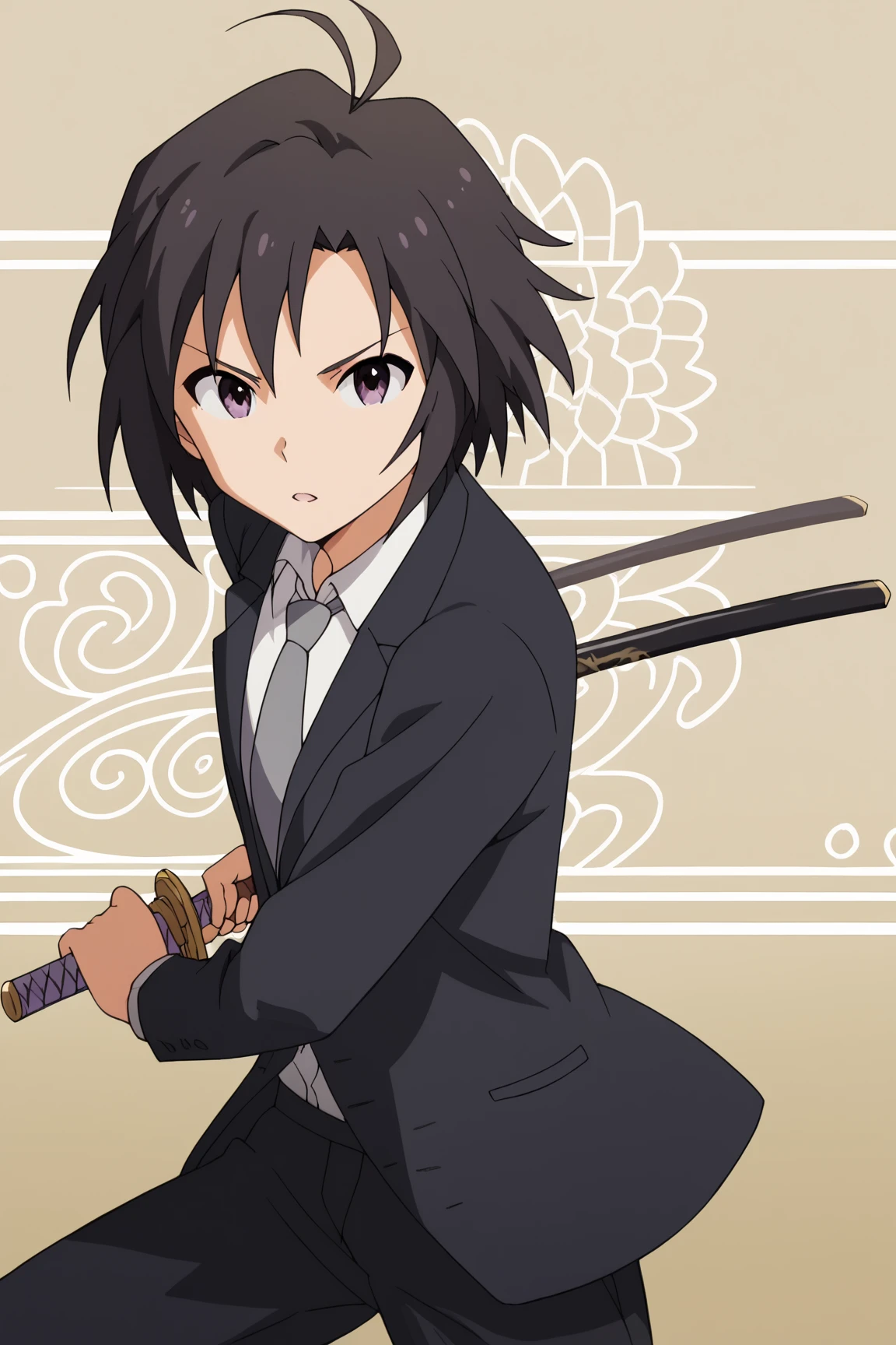 score_9, score_8_up, score_7_up, source_anime, intricate details, anime screencap, anime coloring, best quality, absurd res, ultra detailed, good eyes, perfect eyes, detailed eyes, detailed face, detailed background, , ,
1girl, solo, short hair, black hair, antenna hair, purple eyes, battoujutsu stance, looking at viewer, holding, weapon, sword, holding weapon, holding sword, standing, katana, , sheathed, fighting stance, ready to draw, shirt, long sleeves, jacket, white shirt, necktie, collared shirt, pants, black jacket, floating hair, black pants, formal, suit, black necktie, black suit, pant suit,,