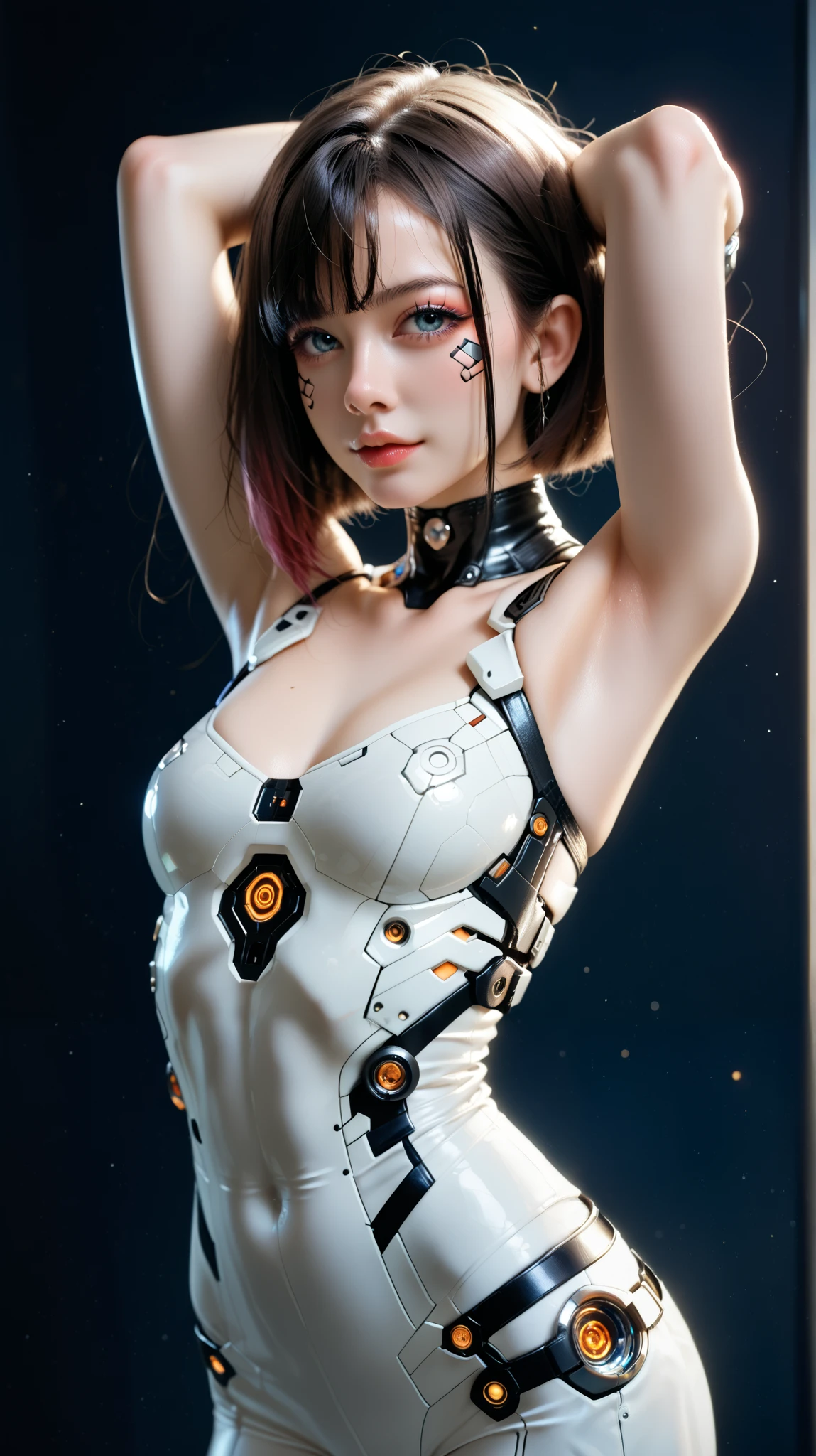 最 high quality, high resolution, photorealistic, perfect anatomy, very detailed, detailed face, detailed body, high quality, pretty girl, :1.4, Young Face, bob cut, cyborg、 cyberpunk、 plug suit、 VERY SLIM:1.6, Extremely Thin Waist :1.4, Sexy Standing Poses , raise your arms:1.3, ), (Ultra Realistic Textured Details : velvety skin , hair),