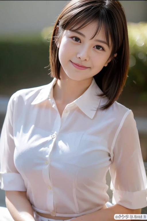 ((top quality, 8k, masterpiece: 1.3, raw photo)), Sharp Focus: 1.2, (1 aespa girl :1.2), (SOLO), (Realistic, Photorealistic: 1.37), (face focus: 1.1), cute face, ultra detailed face, small breasts, flat chest, short messy hair, white long button shirt, (skirt, spread legs, thighs: 1.2), (sheer fabric), small smile, garden, sunlight, movie lighting