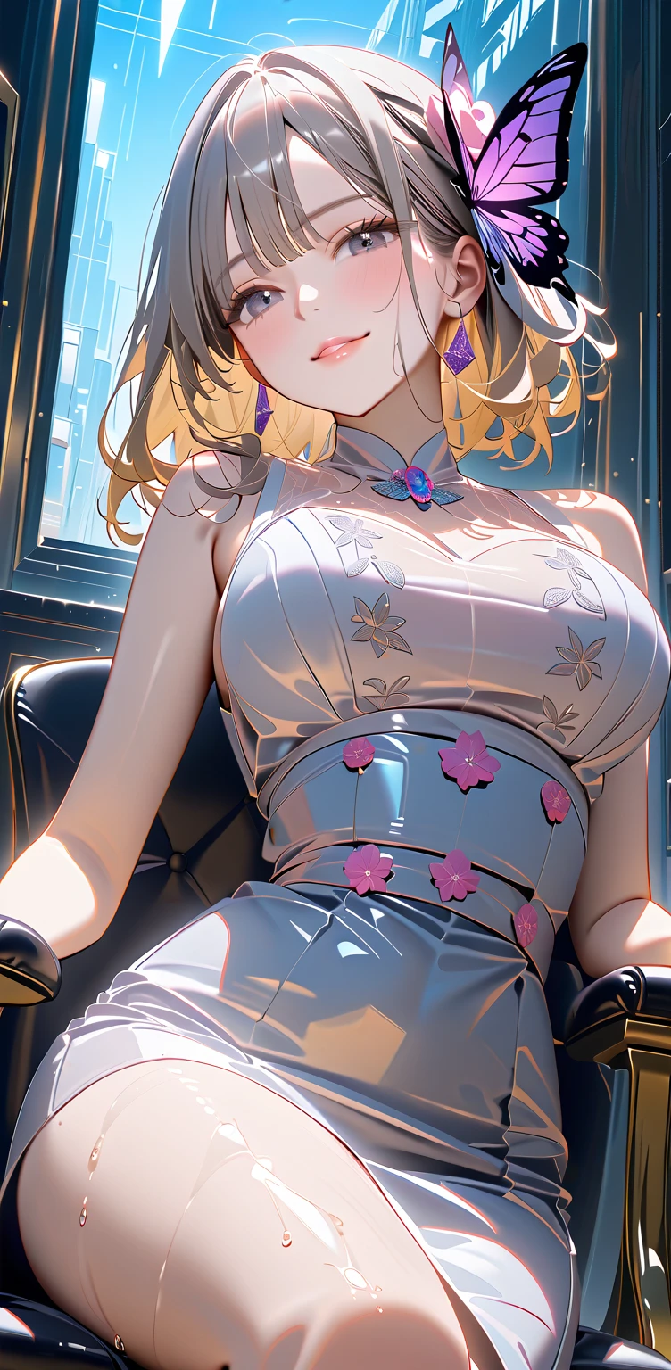 mujer madura. She is tall with a curvy body.. Su cabello es rubio y largo., su rostro es hermoso con ojos azules y cejas delineadas, y labios pintados de rojo. Lleva un traje de oficina blanco con joyas brillantes.. She is sitting at her desk with her arms crossed., she looks at the camera with a serious and upset expression.
