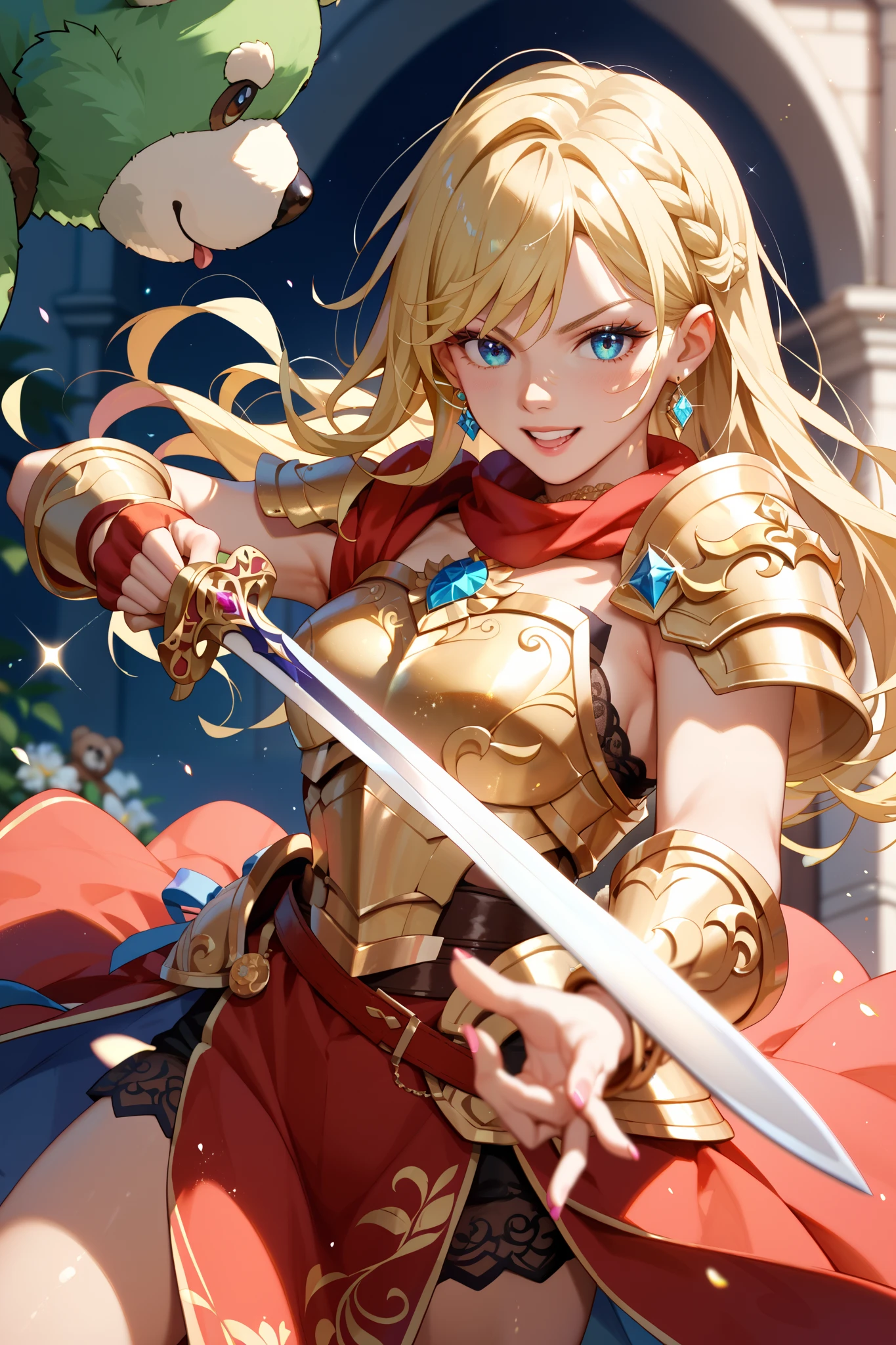 outdoor、 There is always a teddy bear next to a female swordsman wearing luxurious Western-style golden armor。Fighting by wielding a sword 。, Blonde、 long hair、Warm Light, Sparkling Effects , The light is shining 。 best quality、masterpiece、 glitter effect ,