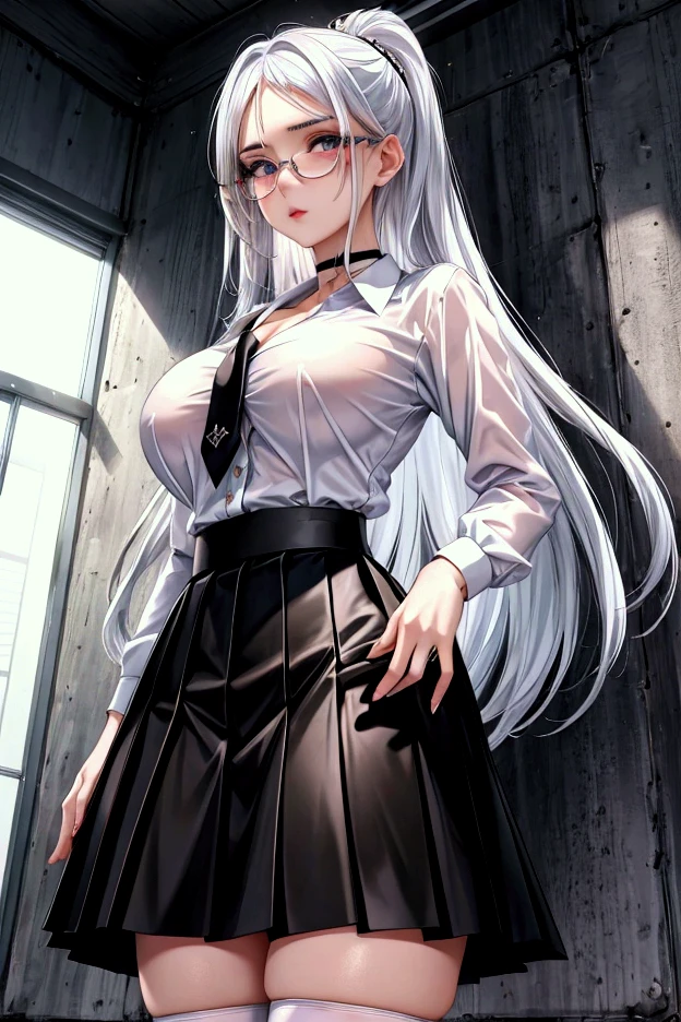 the Extremely Detailed CG Unity 8K Wallpapers，tmasterpiece，Best picture quality，1girl, mature female,breasts, skirt, thighhighs, solo, shirt, red eyes, long hair, pencil skirt, cleavage, horns, black skirt, white shirt, garter straps, large breasts, black thighhighs, looking at viewer, office lady, blush, very long hair, thighs, miniskirt, arms behind back, collared shirt, alternate costume, grey hair, zettai ryouiki, closed mouth, indoors, standing, cowboy shot, white hair
