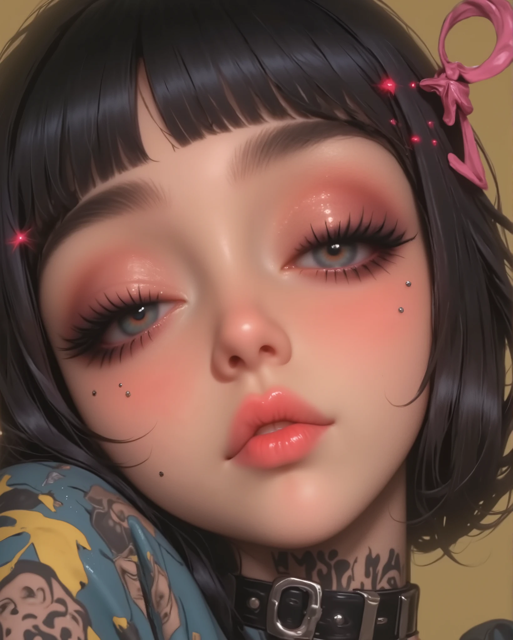 ((centered image, a close up of a beautiful woman with exaggerated features caricaturized in the kawaii style :1.52, thick and plump lips with kissable glitter , large with glitter and reflections , false eyelashes and long eyes :1.5 , Beautiful face of a cyberpunk girl , great digital art with details, Wear glasses you can see the reflection in the glasses of the glasses :1.5)), digital art. Masterpiece body , Detailed woman, full lips in the style of Angelina Jolie , long false eyelashes , eye makeup blushed lips and cheeks , wears earrings all over her ear like piercings and has a hoop embedded in the ovum of her ear, a piercing on her lips and nose , , Brandon Woelfel, tattooed face, tattoos and piercings, realistic digital art 4k, realistic digital art 4 k, tattoo style, cyberpunk art style, Girl with glasses , Chiaroscuro, Cinematic Lighting , optical illusion , high definition , U high definition , Retina, body Masterpiece body , Precise, Anatomically Correct , textured skin, super detail , tall details, high quality, awarded , falda de high quality, highres, 1080P, high definition , 16K