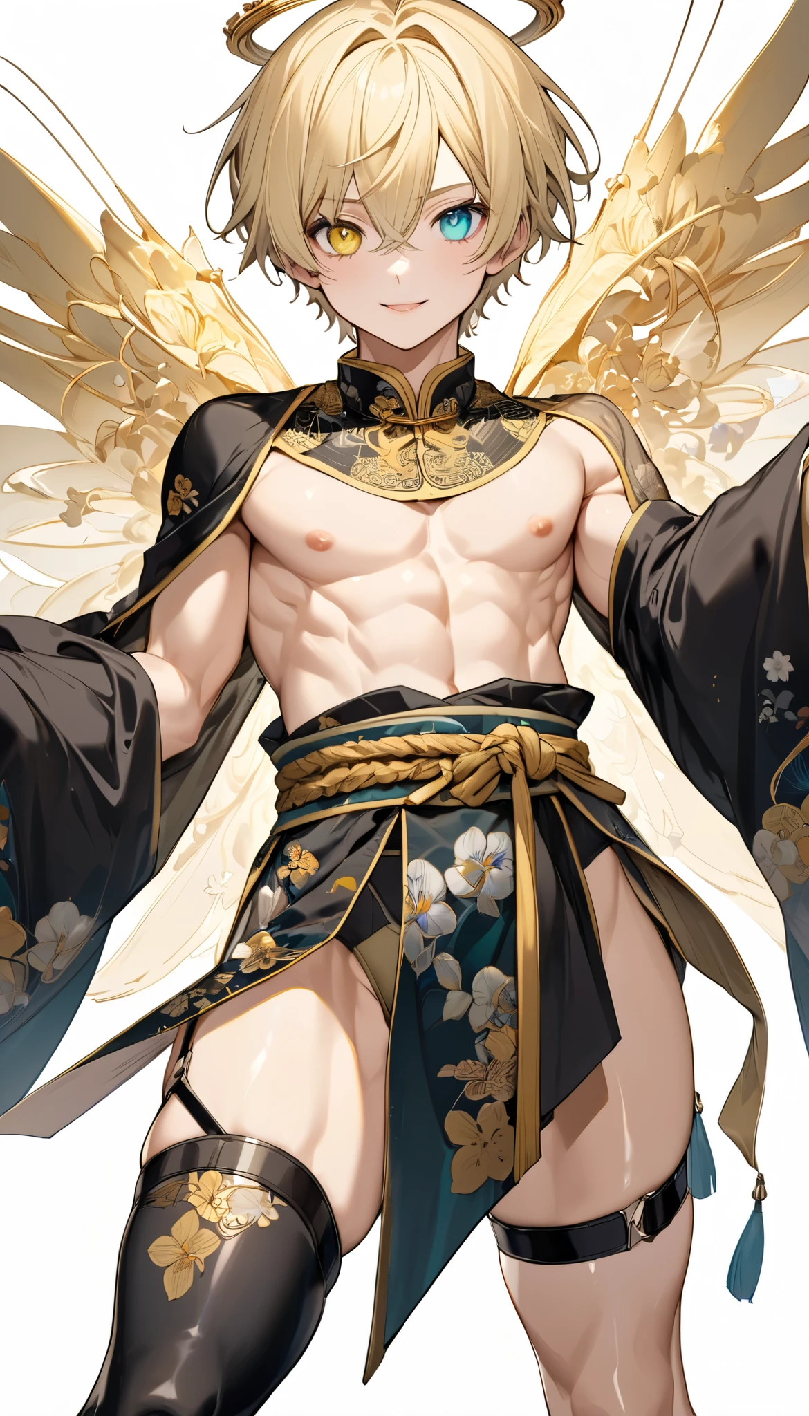 fresh illustration ,
Superfine painting,
very delicate illustration ,
Very fine details ,
1boy ,
(( standing))
Alone,
Height: 158cm,
Beige Skin,
Cheeks are ruddy,
((The iris on the left is medium aquamarine and the iris on the right is yellow ))
((Complete iris heterochromia )),
beautiful eyes,
large black pupils ,
Short short hair,
Blonde,
the tips of the hair are whitish ,
The hair has gradation ,
shiny hair with makeup,
young but beautiful and bewitching face ,
The lips are extremely small,
is smiling,
a small halo that shines brightly on the head ,
the tips of the eyebrows are slightly lowered ,
the upper body is worn in kimono ,
thin pectoral muscle,
six pack,
ddler body type,
Slim waist,
thin legs ,
The lower body is long, transparent clothing in the style of a Chinese dress with slits on both hips,
The color of the obi is red ,,
the obi is tastefully embroidered with silver thread ,
fine fabric clothing ,
Jockstrap underwear claims to be male,
the thigh strap cuts into the skin ,
Are the tips of long boots Japanese style,
Isometric,
golden ratio,
god々 atmosphere,
wearing a padded collar innerwear ,
white background,
tactical use of shadows ,
the ring of the head and hair fit inside the frame ,
Clothes fit inside the frame ,
(( full shot))
facing the front,