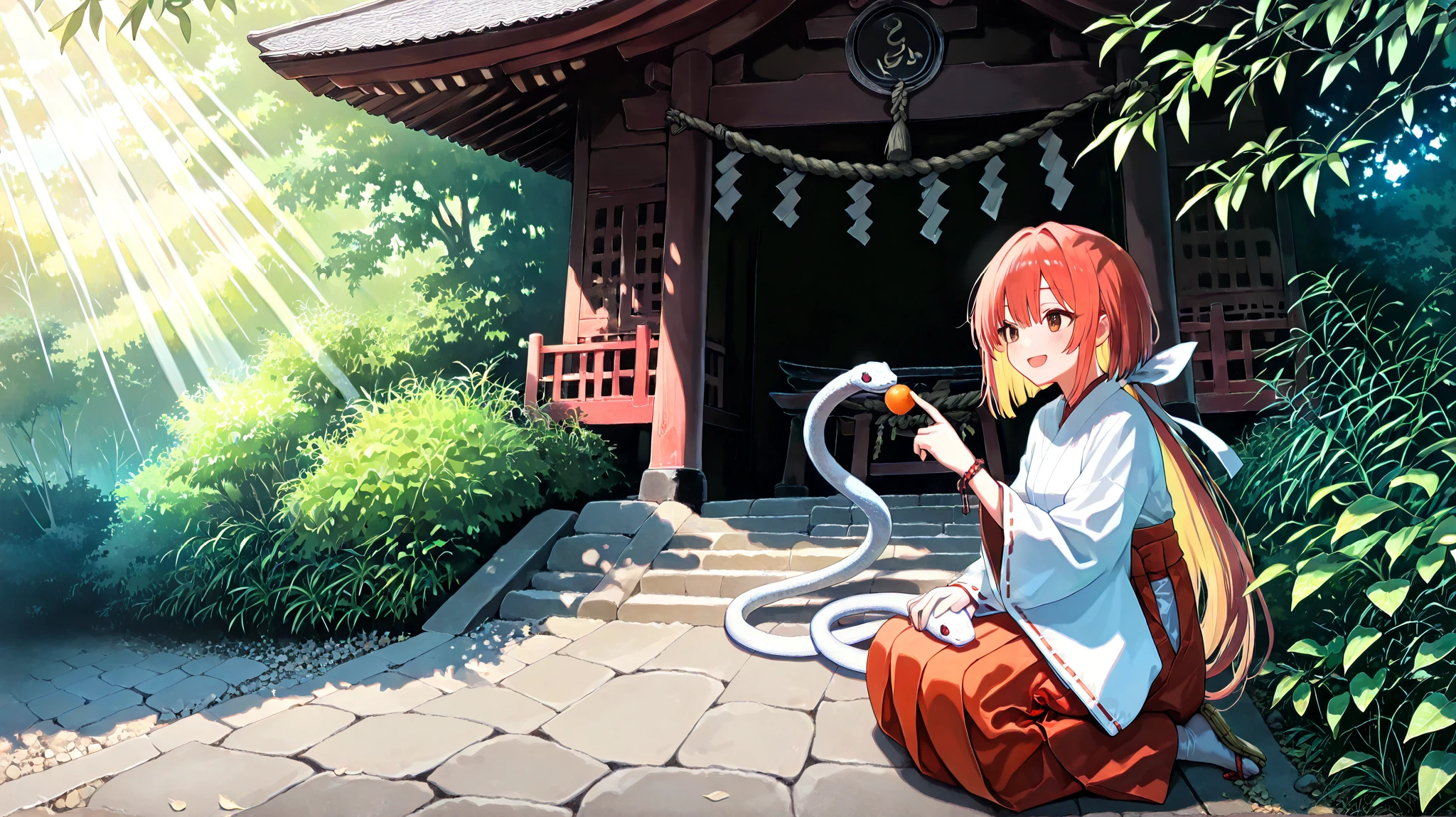 masterpiece:1.3, best quality, portrait of a Cute girl with ultra detailed features, in 8K resolution, with vibrant colors and a sharp focus, in front of a company in a secluded forest, is well-maintained and the area around the company has a clean and bright atmosphere, full Wide shot, from side, Bird eye view, (high-key lighting, sunbeam, subtle shadows), difficult, Girl wearing white miko, (wide smile), looking away, Red hair:1.3, blonde inner hair, White hair ribbon, long hair:1.4, low ponytail, smooth skin, Double eyelids, light brown eyes, Sit on the only three stone steps in front of the shrine, Having lunch with a white snake, A white snake coils on the stone steps, lifting its head and looking at the girl, The girl is holding food in her hand and pointing it at the snake, cord bracelet, red hair:1.3, eyetexture , miko, AML _Grove