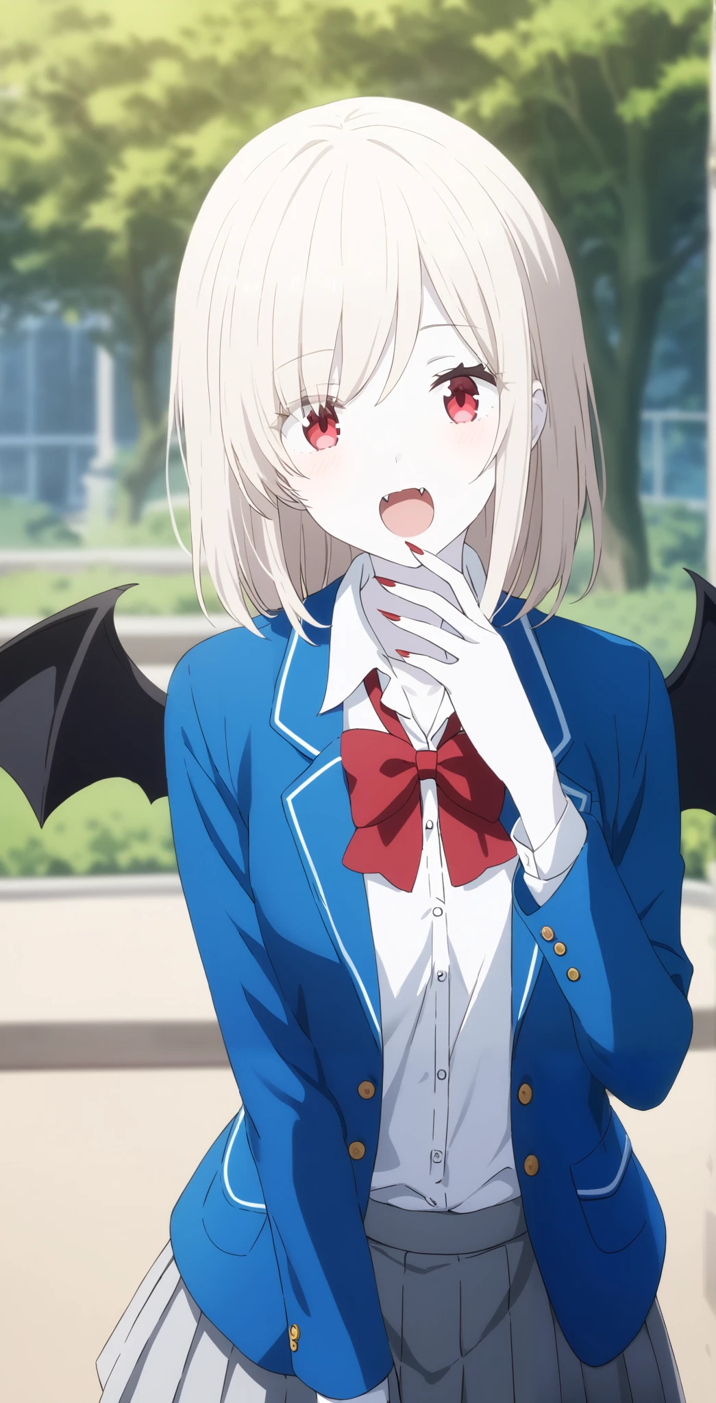 score_9, score_8_ up, score_7_ up, source_Anime, high definition , Anna, 1 girl in the best, Alone, school uniform , red eyes, jacket , shirt, bow, white shirt, blue jacket , collared shirt, blazer, red bow, medium hair , bowtie, bangs, Pure white hair, skirt , upper body, pure white and pale skin, has sharp fangs growing outdoors , surprised face ,全身 pure white and pale skin, pure white hair,Red nails,Extremely sharp nails ,,vampire,vampire化小早川杏奈,Fingers5Books, has bat wings growing from her back 、 covers her mouth ,pure white and pale hair,