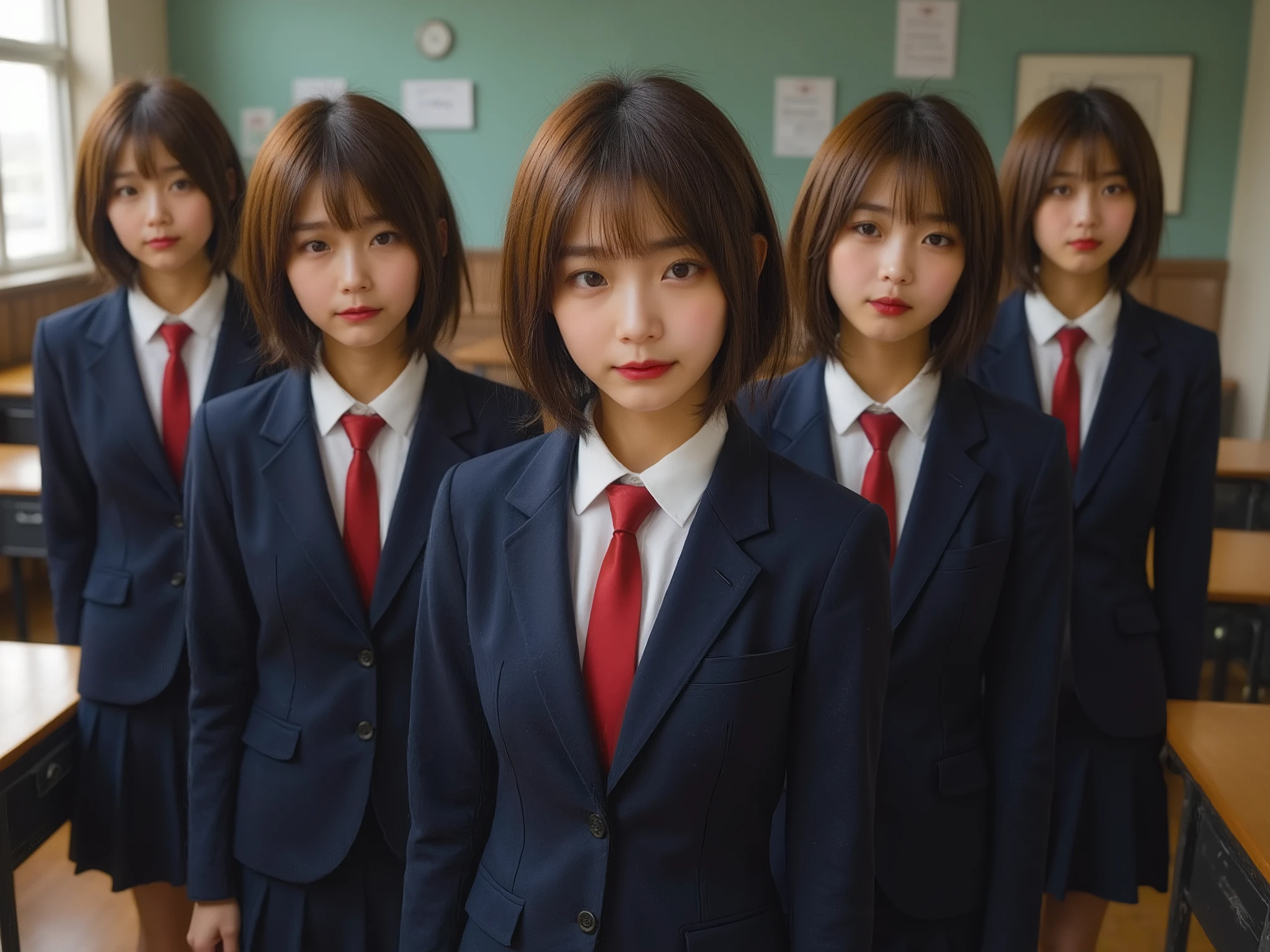  school classroom、Lots of female students 、That's a nasty smile、 blazer、 white shirt、 red tie、 skirt 